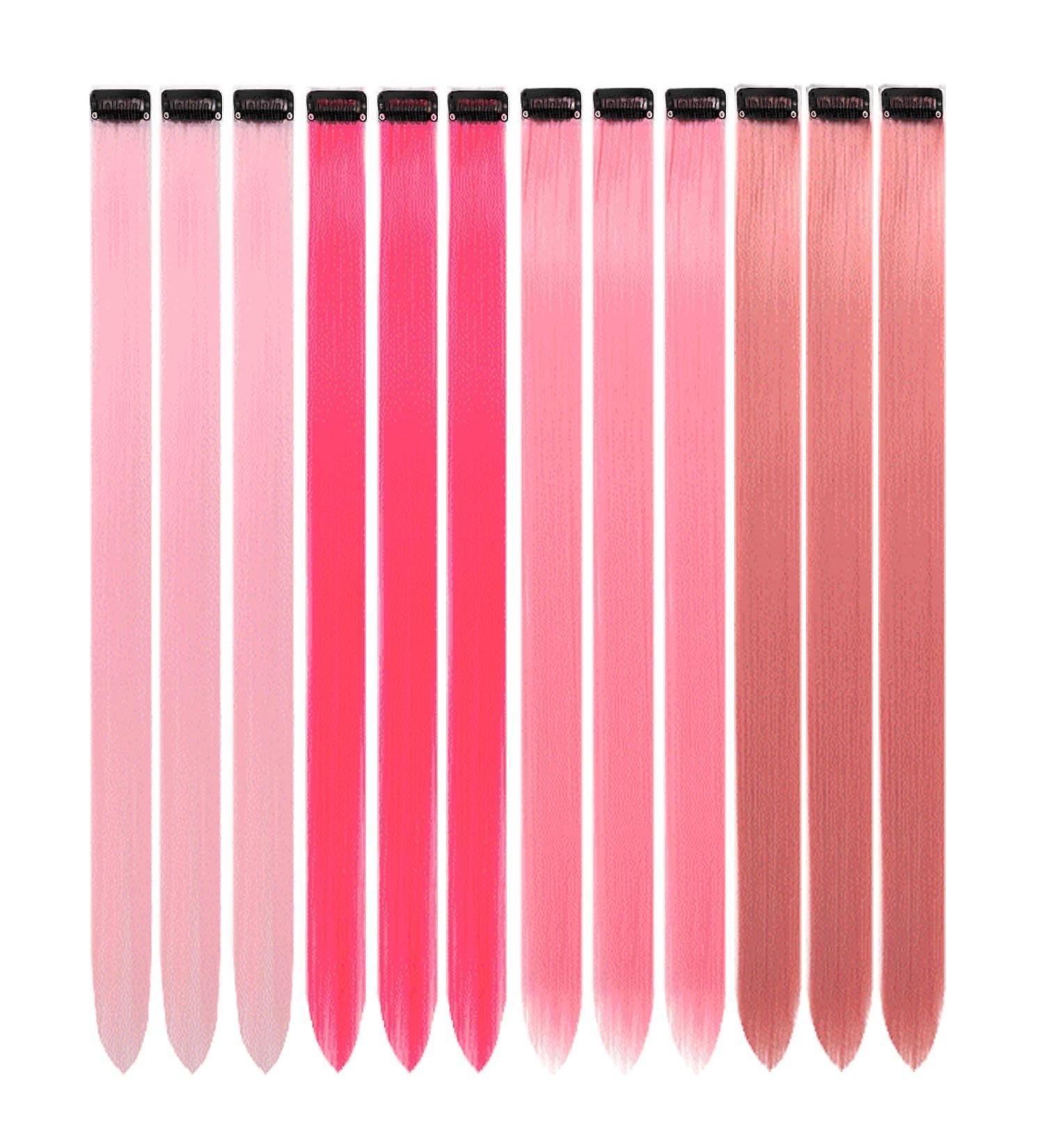 12 Pcs Colored Hair Extensions Colorful Clip in Hair Extensions 22 inch Synthetic Straight Hair Extensions for Kids Girls Women Pink series - Buy Online on SooperMarket.com