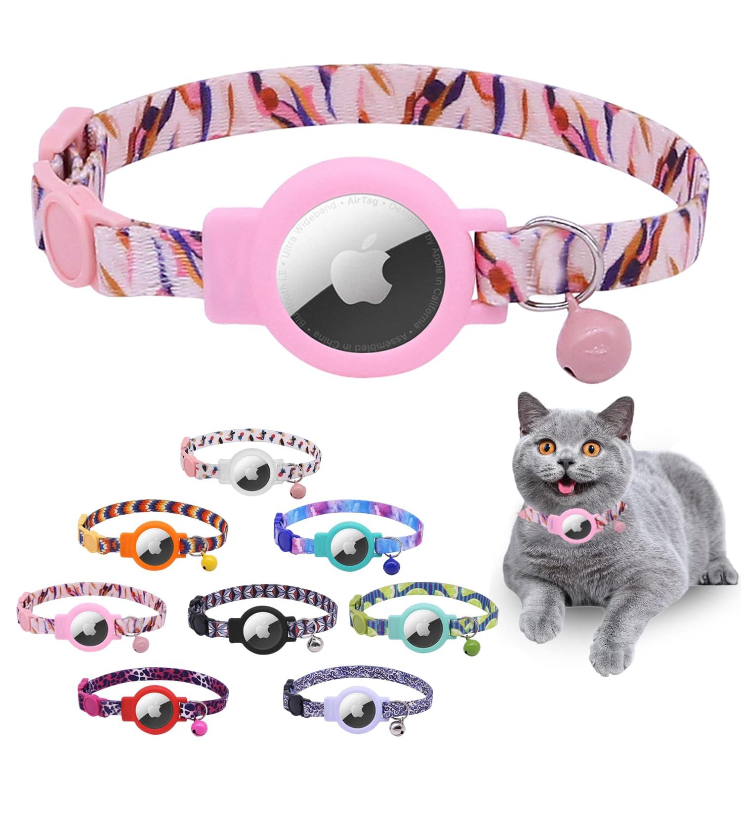 Mouyou Airtag Cat Neck Band - Adjustable Soft Nylon Collar with Bell & Silicone Holder - Pink Pattern C4 (22-34cm) - Buy Online on SooperMarket.com