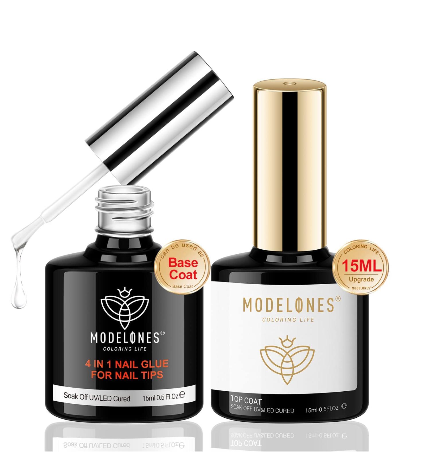 Modelones 2Pcs 15ml No Wipe Gel Top Coat & 4 in 1 Nail Glue Base - Long Lasting Nail Duet Set for Acrylic Nails - Buy Online on SooperMarket.com