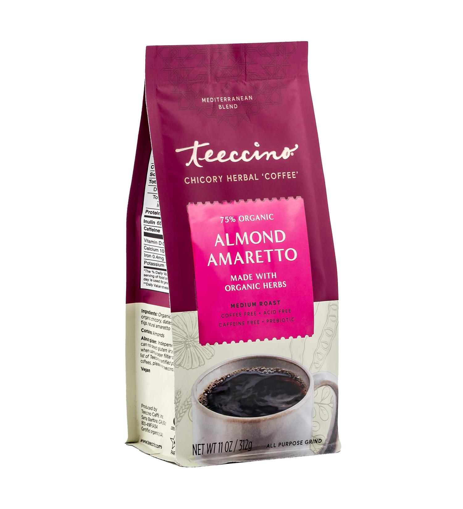 Teeccino Almond Amaretto Ground Herbal Coffee 11oz - Prebiotic, Caffeine-Free, Acid-Free Medium Roast - Buy Online on SooperMarket.com