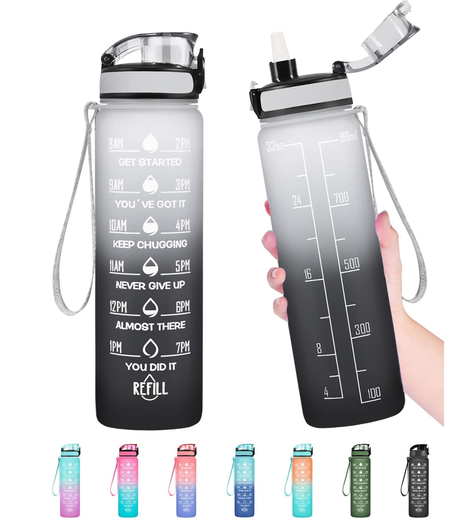 Enerbone 32oz Leakproof BPA-Free Water Bottle with Motivational Times & Straw - Gray-Black - Buy Online on SooperMarket.com