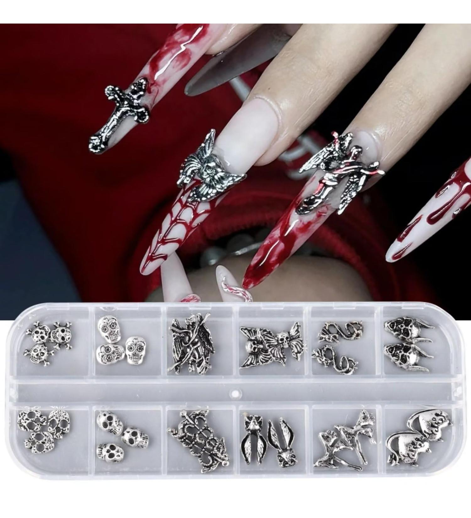 RUNRAYAY 28pcs 3D Halloween Nail Charms Cross Chrome Metal Nail Art Charm Vintage Gothic Retro Punk Skulls Mixed for Manicure Craft DIY Nail Art Decoration Accessories with a Box - Buy Online on SooperMarket.com