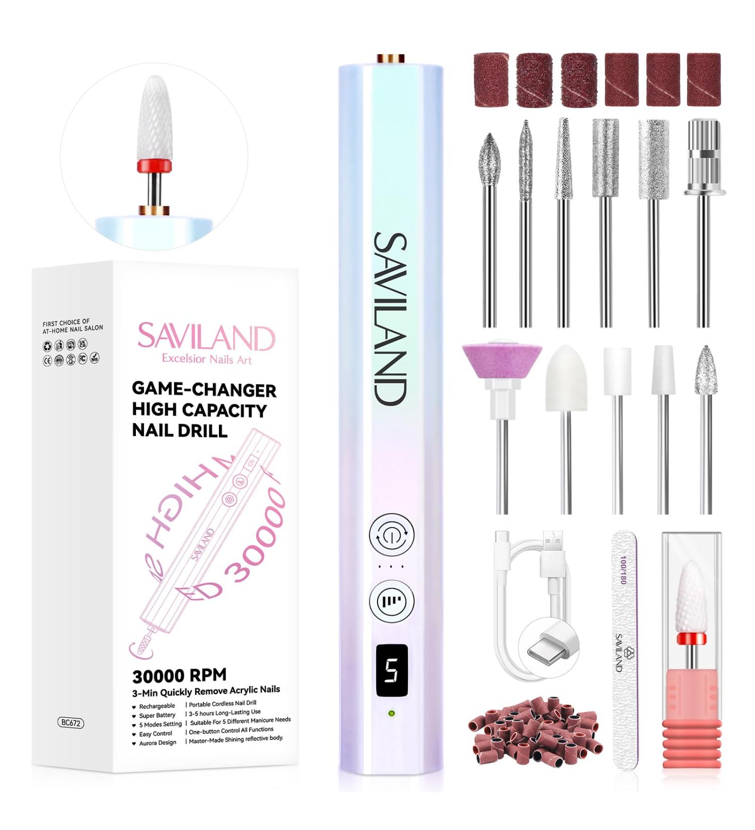 SAVILAND 30000RPM Electric Nail Drill - Fast Acrylic Nail Removal Cordless Lightweight Nail File with 12 Bits for Professional Manicure & Pedicure at Home - Buy Online on SooperMarket.com