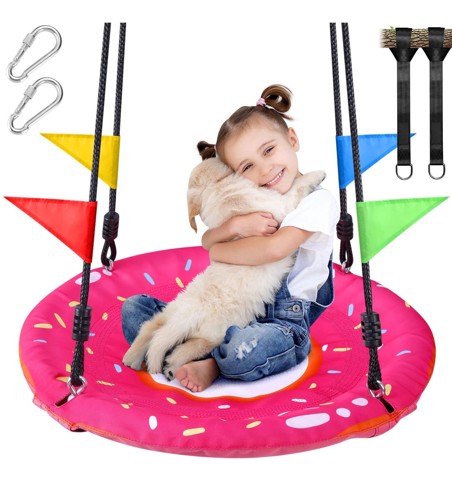 Odoland 24 inch Kids Tree Swing - Pink Saucer Swing for Outdoor Play - 900D Oxford Platform with Hanging Ropes and Turnbuckle - Buy Online on SooperMarket.com
