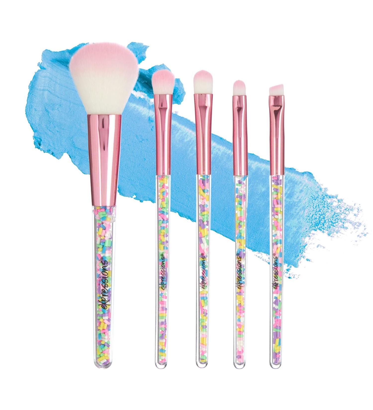 Expressions 5pc Sprinkle Confetti Makeup Brush Set - Pink Rainbow Handles Dense Bristles | Premium Makeup Brushes for Perfect Application - Buy Online on SooperMarket.com
