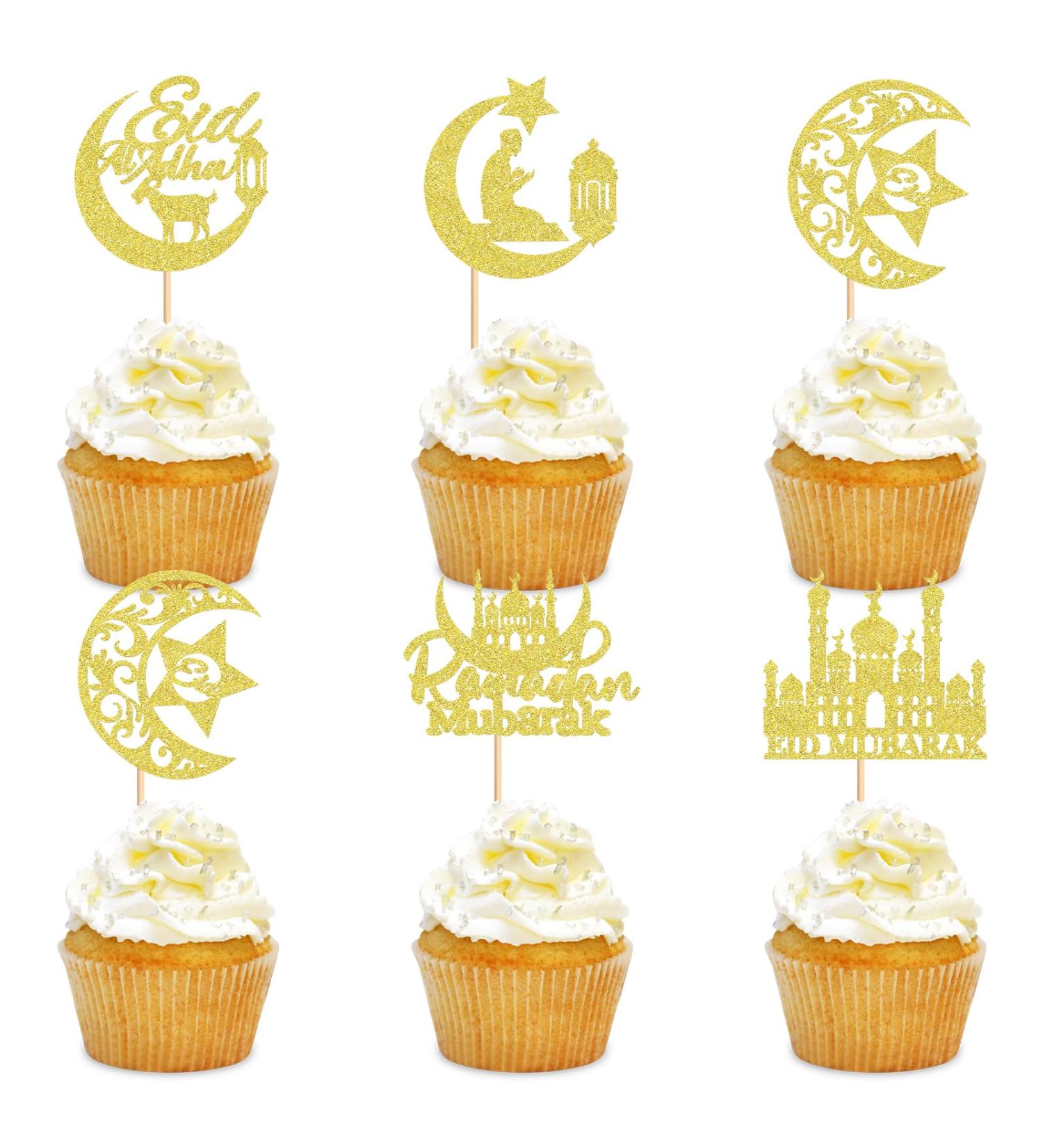Cyodoos 25Pcs Eid Mubarak Cupcake Toppers Happy Eid Moon Star Ramadan Kareem Cupcake Picks for Eid Islamic Muslim Theme Party Cake Decorations Supplies - Gold Glitter Golden2 - Buy Online on SooperMarket.com