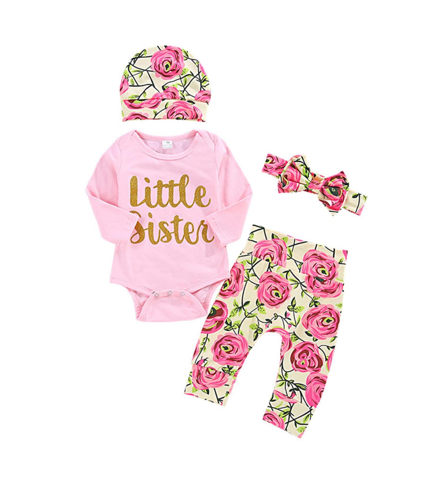 ChYoung Baby Girl Clothes Set | Newborn Little Sister Romper Top, Rose Printed Pant & Headband | 3 Pieces | 12-18 Months | Pink-Floral - Buy Online on SooperMarket.com