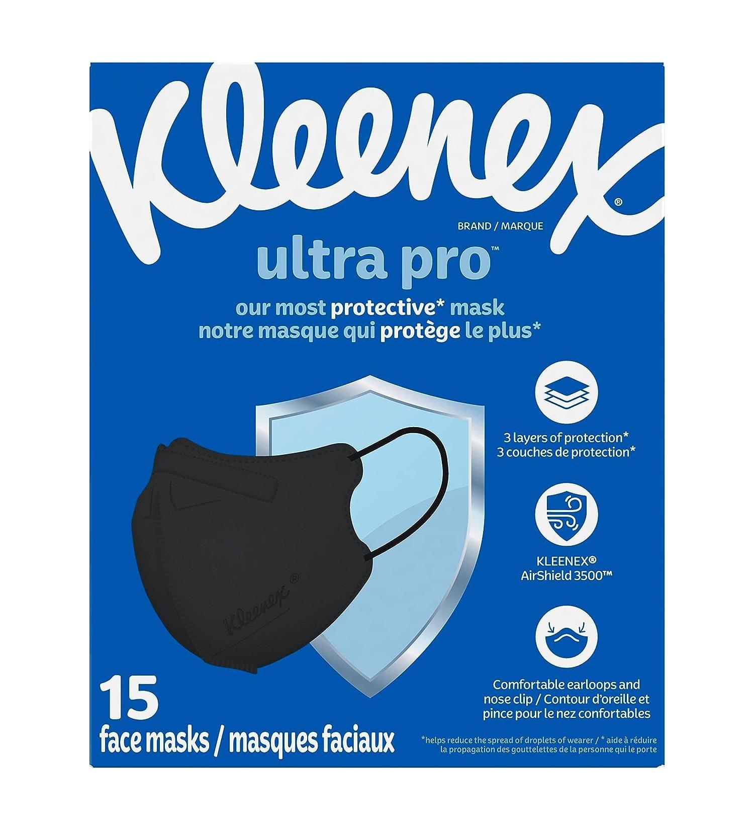 Kleenex Ultra Pro 3-Layer Face Mask (Pack of 15) Dermatologically Tested Soft Elastic Ear Loop Adjustable Nose Clip Black Ultra Pro ct - Buy Online on SooperMarket.com