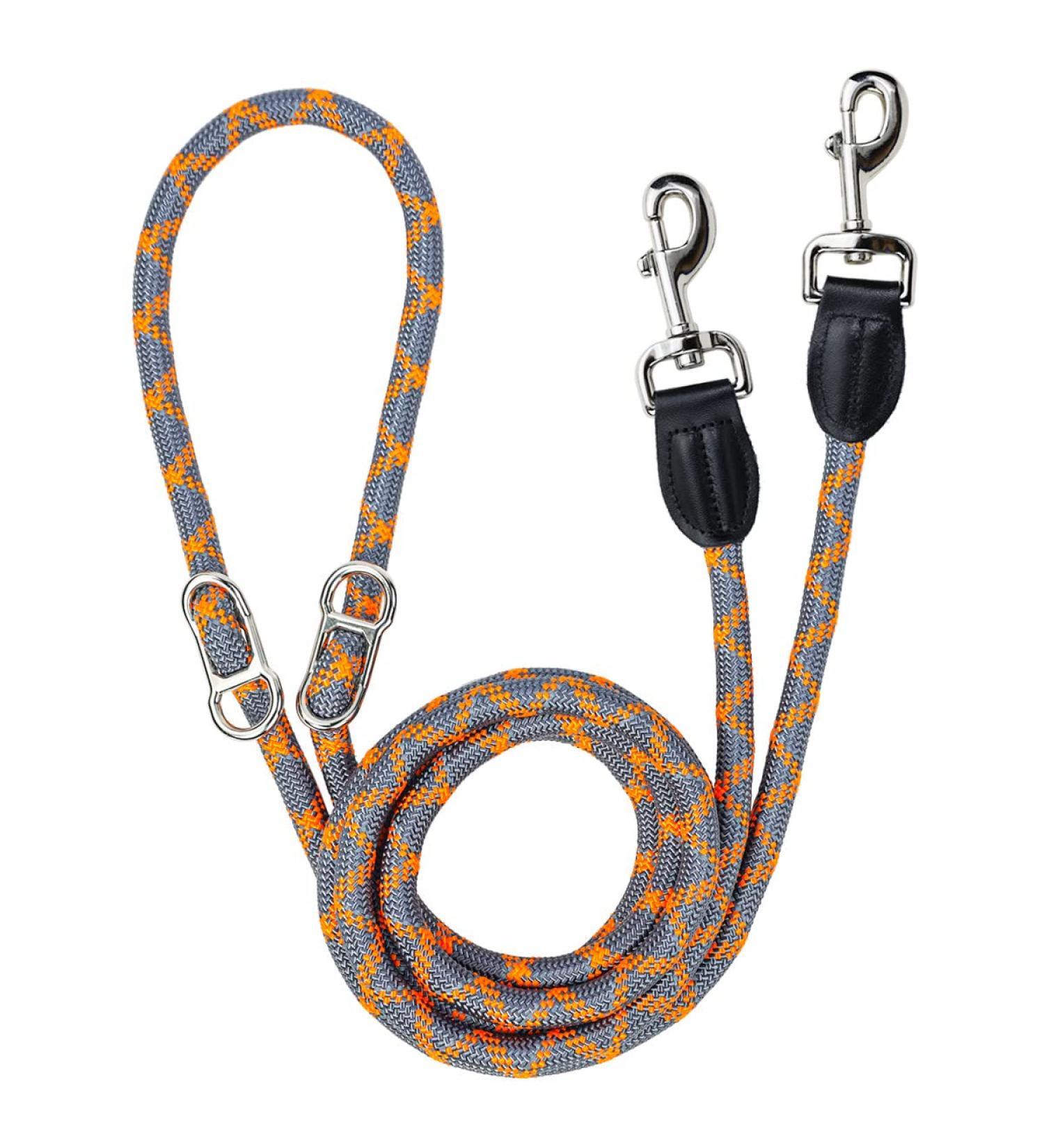 Adjustable 2.6m Dog Leash - Reflective Nylon for Walking Running & Training - Orange & Gray | Multifuntional with Double Linen & Movable Metal Rings - Buy Online on SooperMarket.com