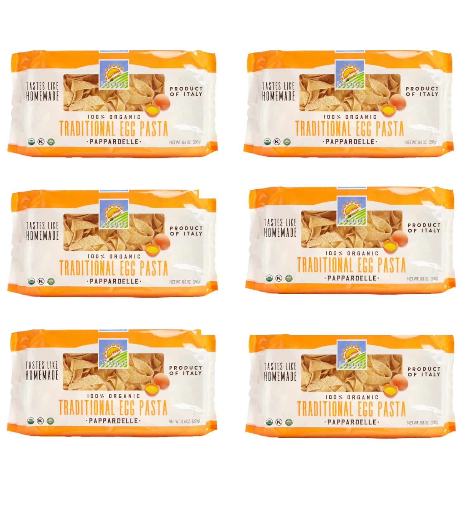 Bionaturae Egg Pappardelle Durum Semolina Pasta | Durum Semolina Egg Pappardelle | Kosher | USDA Certified Organic | Made In Italy | 8.8 oz (6 Pack)