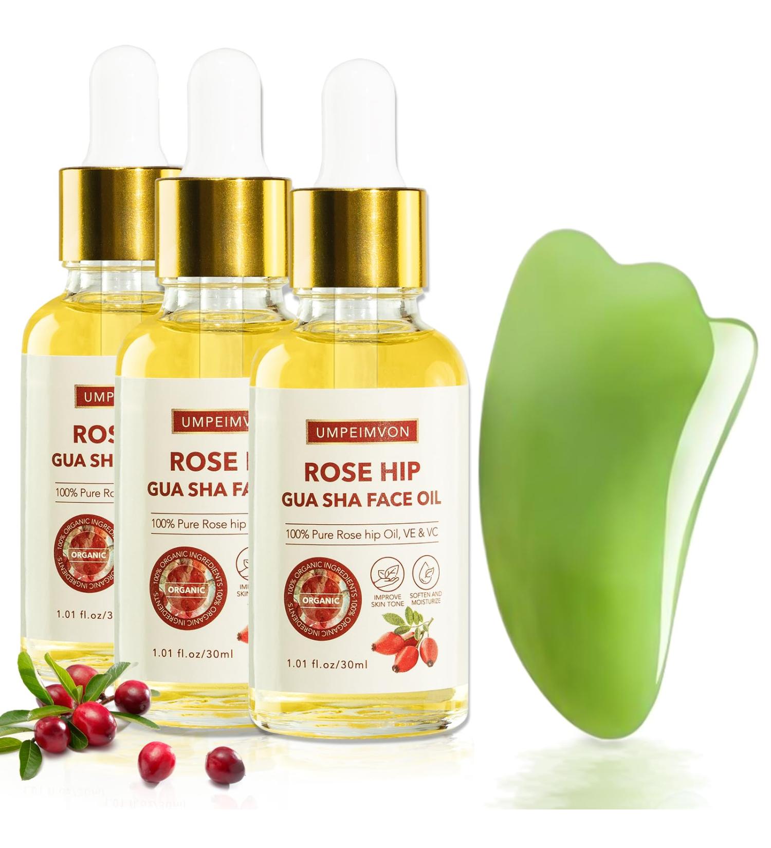 3 Pack Face Oil Gua Sha Set - Organic Rosehip Seed Oil Vitamin E & C - Facial Massage Oil & Gua Sha Tool - Buy Online on SooperMarket.com
