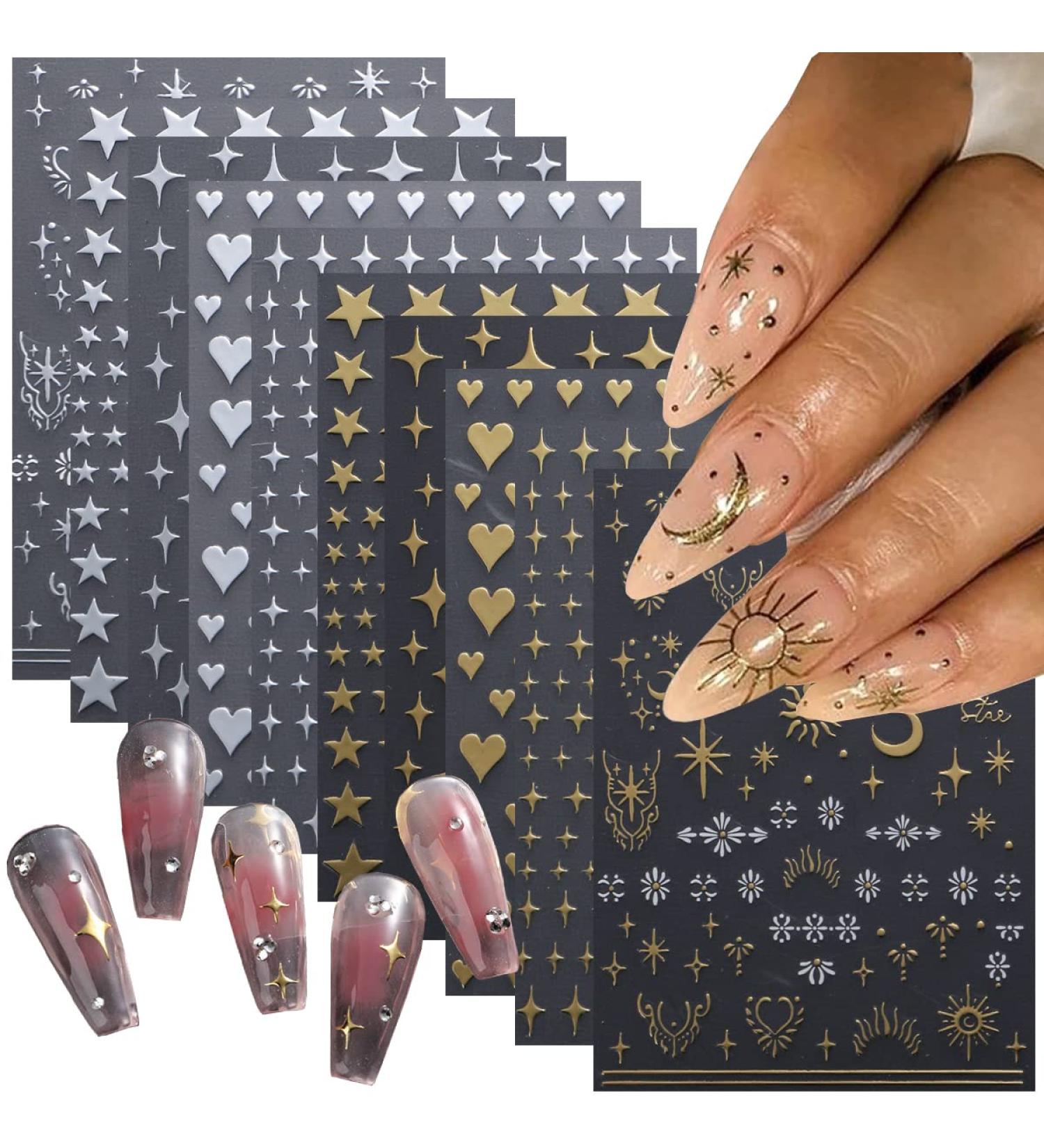 10 Sheets Metallic Nail Art Stickers - Self-Adhesive Decals with Glitter Stars, Moon, Love Heart - Gold & Silver Designs for Women DIY Nail Art - Buy Online on SooperMarket.com