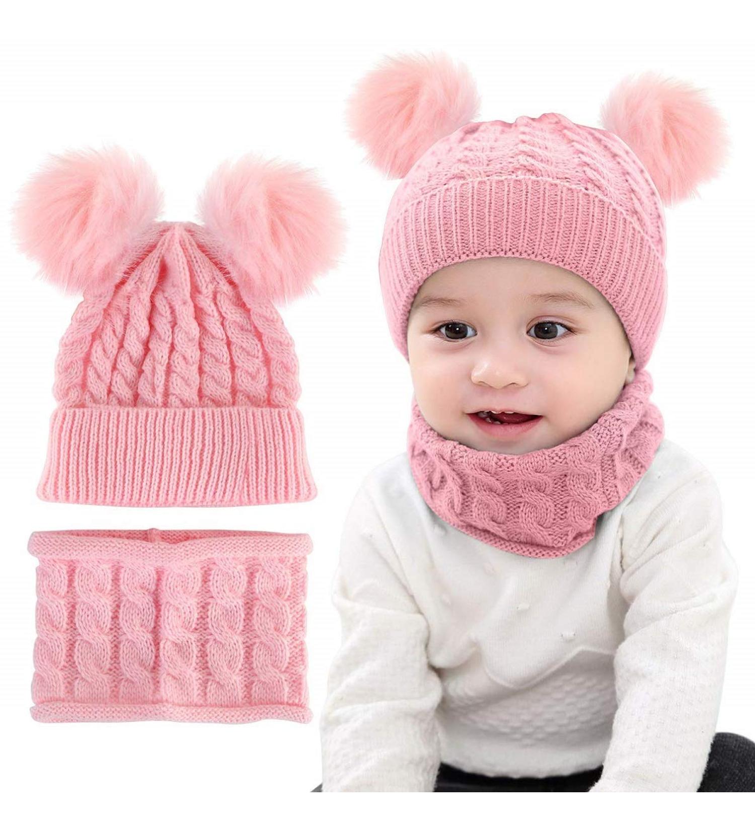 CheChury Toddler Hat and Scarf Set - Baby Knit Pom Beanie Cap with Circle Loop Scarf - Pink (1-3 Years) - Buy Online on SooperMarket.com