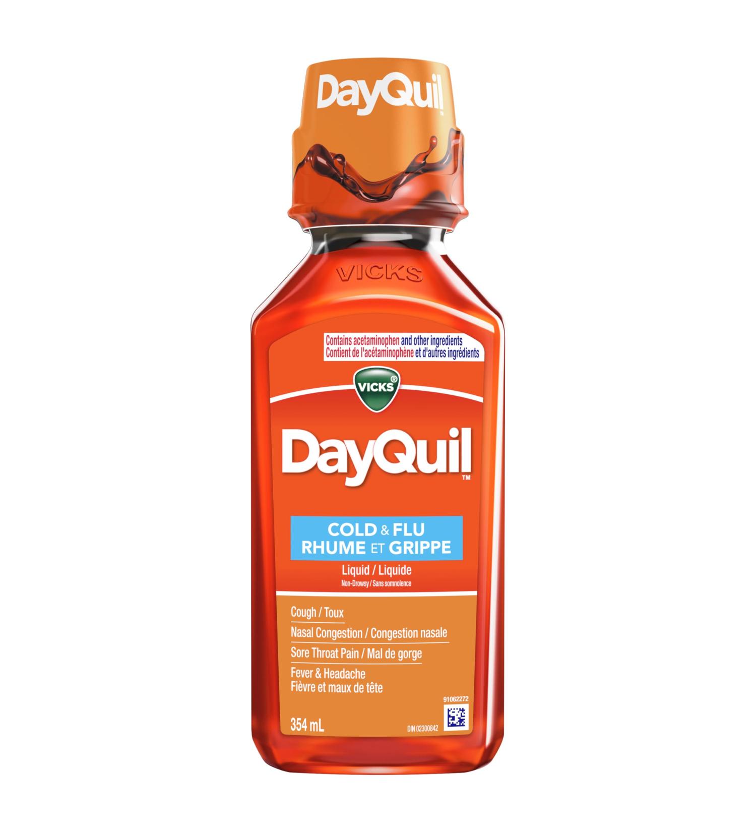 Vicks DayQuil Cold and Flu Medicine Cough Suppressant Nasal Decongestant Pain Reliever Fever Reducer Non-Drowsy Formula 354ml 354 ml (Pack of 1) - Buy Online on SooperMarket.com