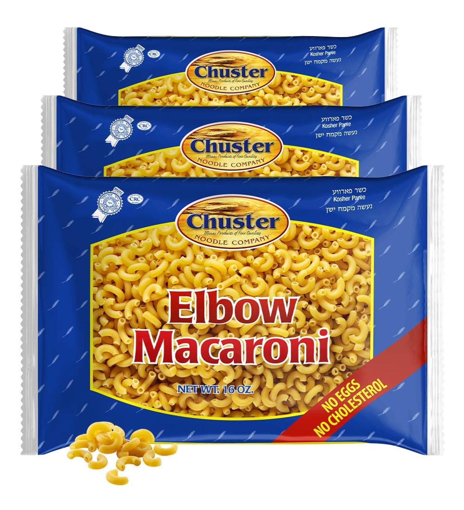Chuster Elbow Macaroni Pasta Noodle | Vitamin Enriched | Ideal for Meat, Cheese, and Butter Sauces | Cooks in 15 Min | All Natural, Sodium and Cholesterol Free | Kosher Parve | 3 Pack - 16oz (1 lb) each - Buy Online on SooperMarket.com