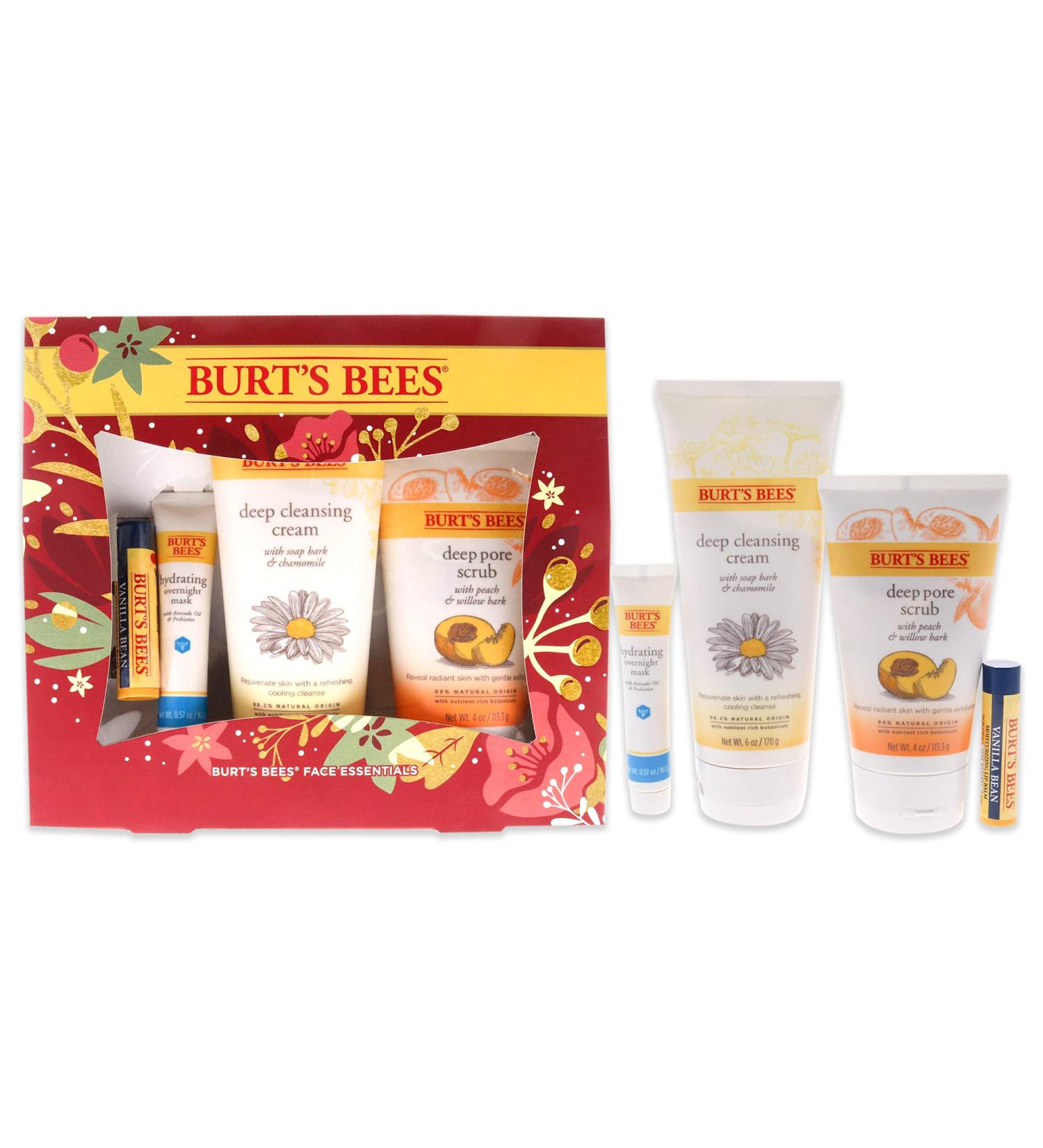 Burt's Bees Holiday Gift Set - 4 Face Care Essentials: Deep Cleansing Cream Pore Scrub Overnight Mask & Vanilla Bean Lip Balm - Perfect Stocking Stuffer - Buy Online on SooperMarket.com