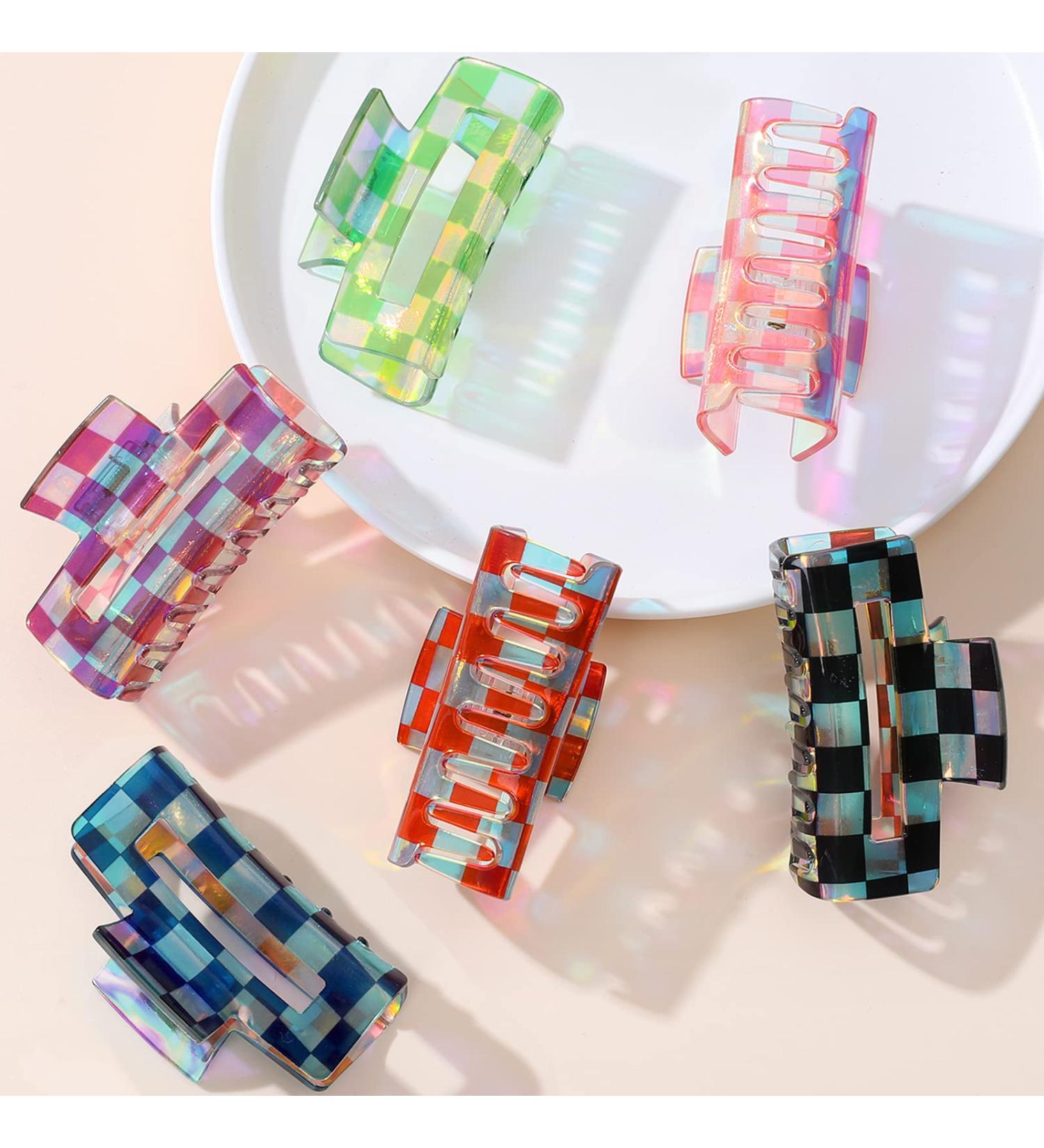 Whaline 6Pcs Colorful Checkered Hair Claw Clips - Y2K Rectangle Plaids Hair Jaw Clamp for Women and Girls - Non-Slip PVC Styling Accessories - Buy Online on SooperMarket.com