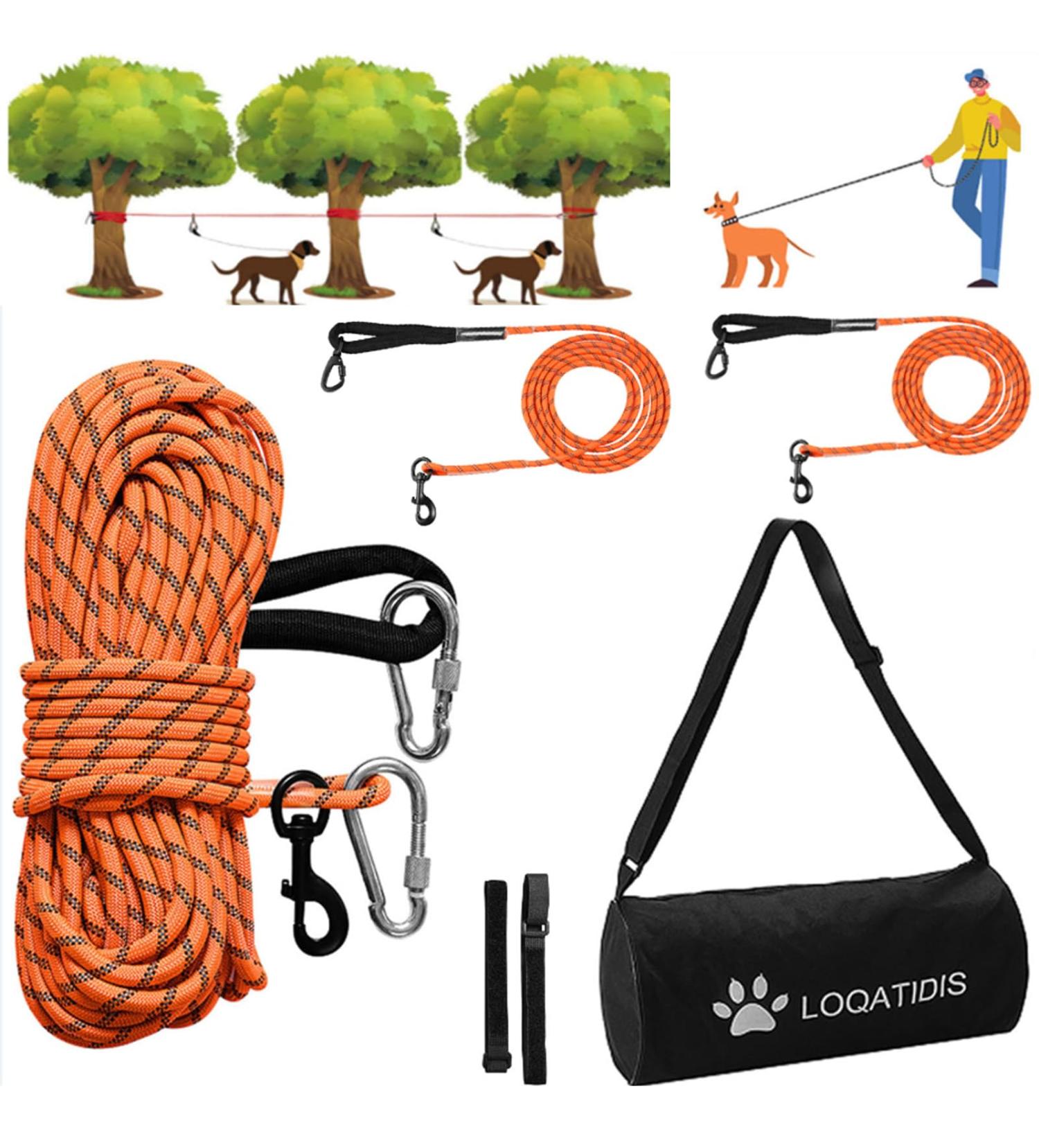 Loqatidis 3-in-1 Dog Leash | 50/100ft Portable Trolley System for Training & Outdoor Adventures | Reflective Rope for Camping & Parks | Perfect for 2 Dogs - Orange - Buy Online on SooperMarket.com