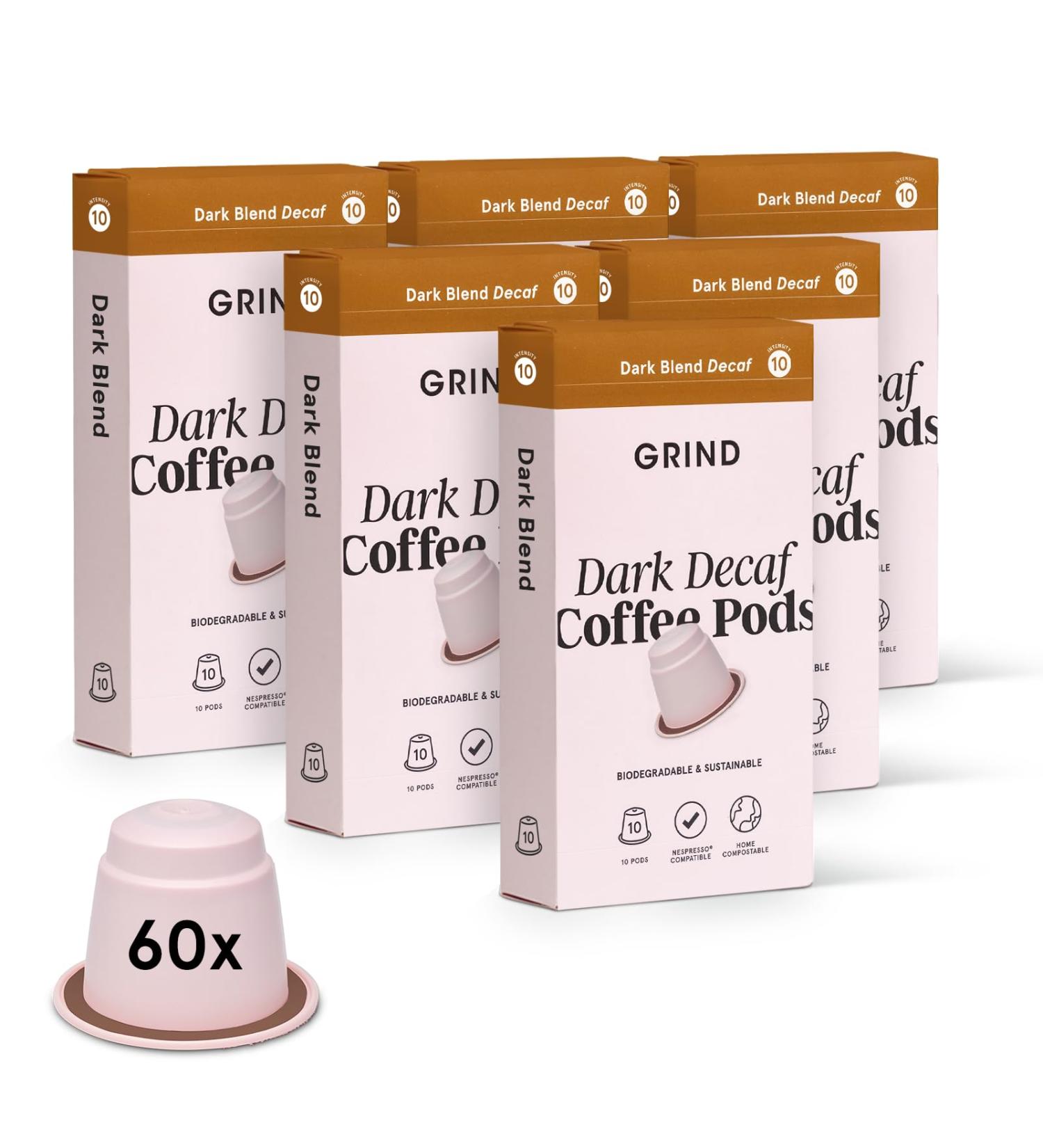 Grind Dark Decaf Pack - Home Compostable Coffee Pods from London Nespresso Original Machine Compatible Capsules - 60 count (6 boxes of 10 Coffee Pods) Dark Decaf Blend 60 count (Pack of 1) - Buy Online on SooperMarket.com