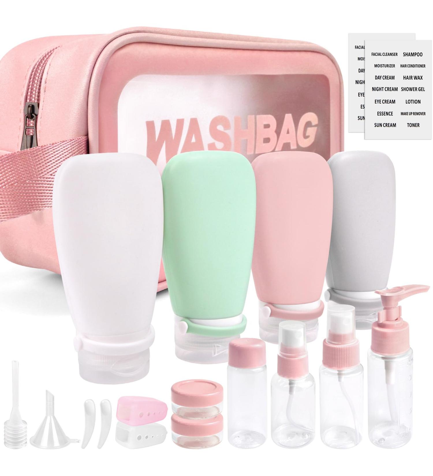 Buy Noideeer 18-Piece Silicone Travel Bottle Set - TSA Approved for Shampoo & Lotion - Pink with Labels & Transparent Bags - Buy Online on SooperMarket.com