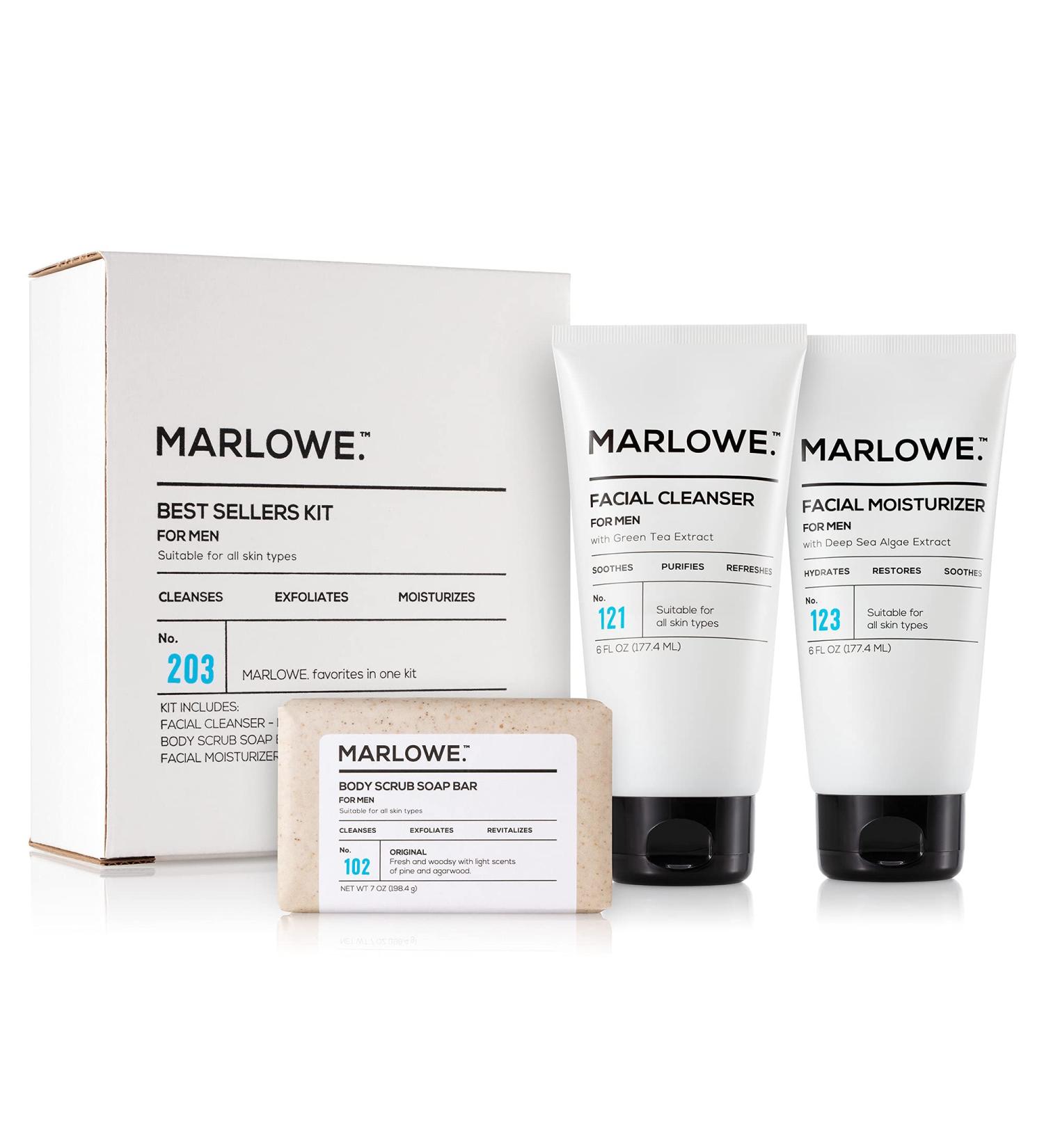 MARLOWE Best Sellers Kit | No. 203: Body Scrub Soap, Men's Facial Cleanser & Moisturizer Set - Buy Online on SooperMarket.com
