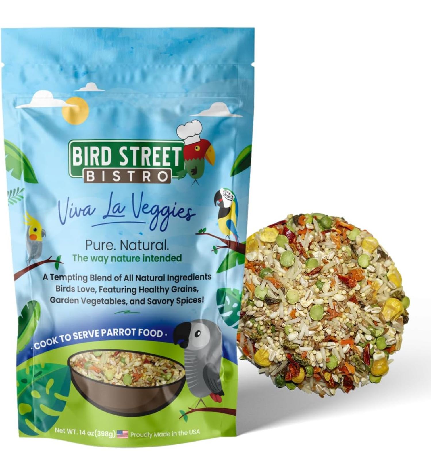 Bird Street - Parrot Food - Parakeet Food - Cockatiel Food - Cooks in 3-15 min w/ Natural & Organic Grains - Legumes - Non-GMO Fruits, Vegetables, & Health Orientated Spices  - 14 OZ - Buy Online on SooperMarket.com