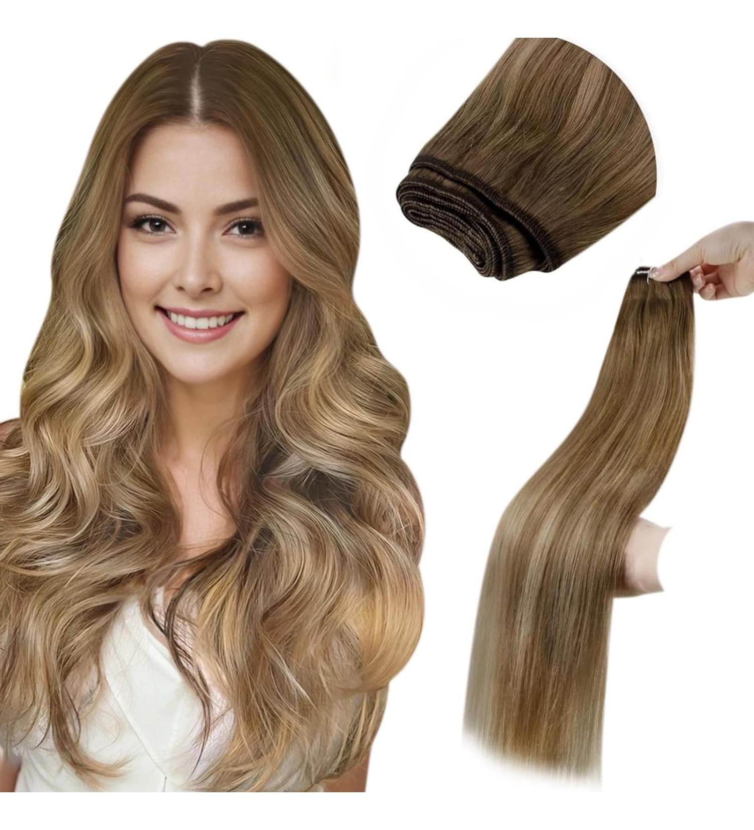 LAAVOO Real Hair Extensions 55cm - Brown Blonde Balayage Ombre Tressen 100g | Human Hair Bundles for Sew-In | Premium Quality - Buy Online on SooperMarket.com