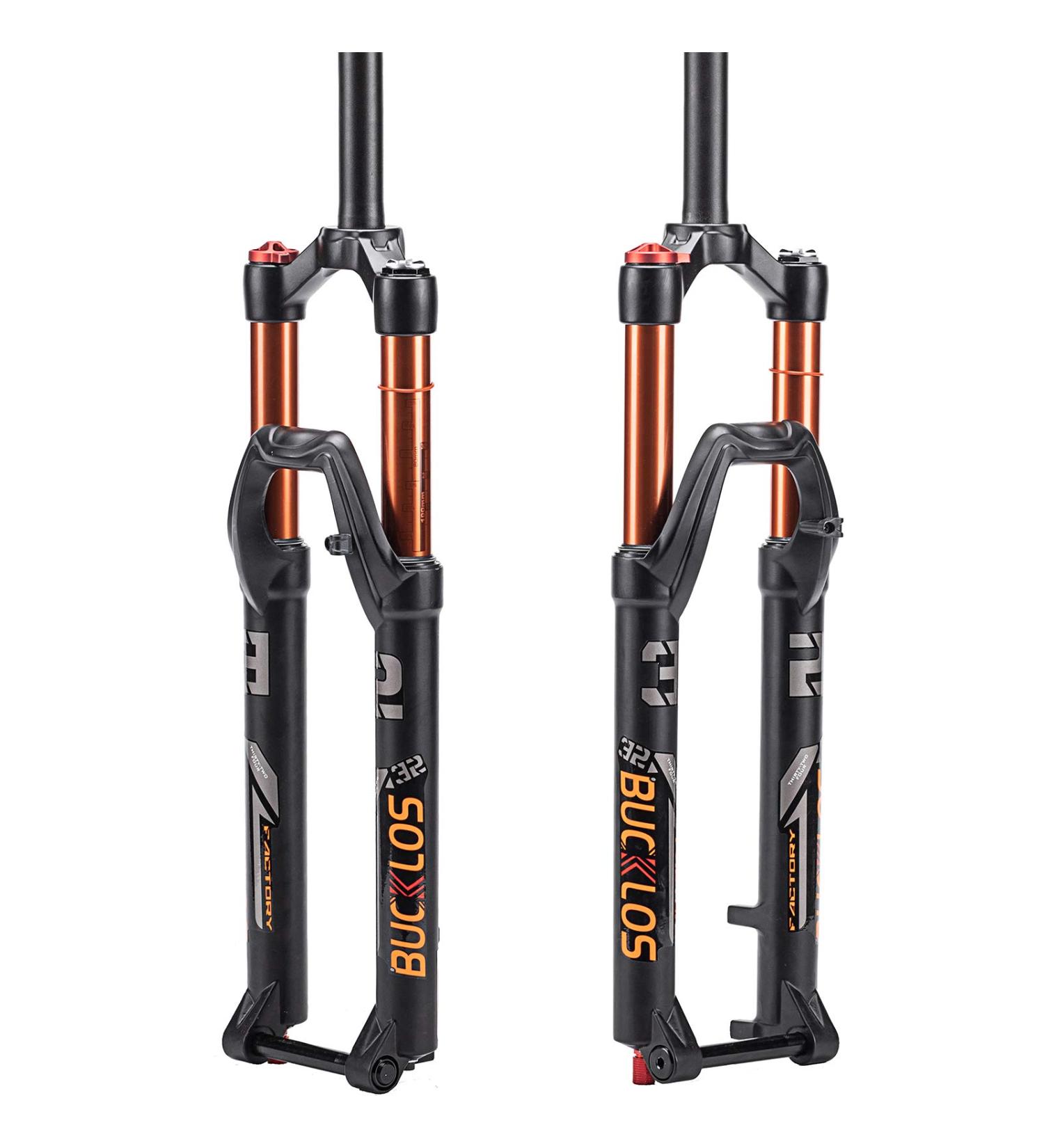 BUCKLOS MTB Fork 120mm Travel | 1-1/8 Straight/Tapered | Rebound Adjust | 15mm Axle | Manual Lockout | Air Shocks | Gold-Straight Tube 27.5 - Buy Online on SooperMarket.com