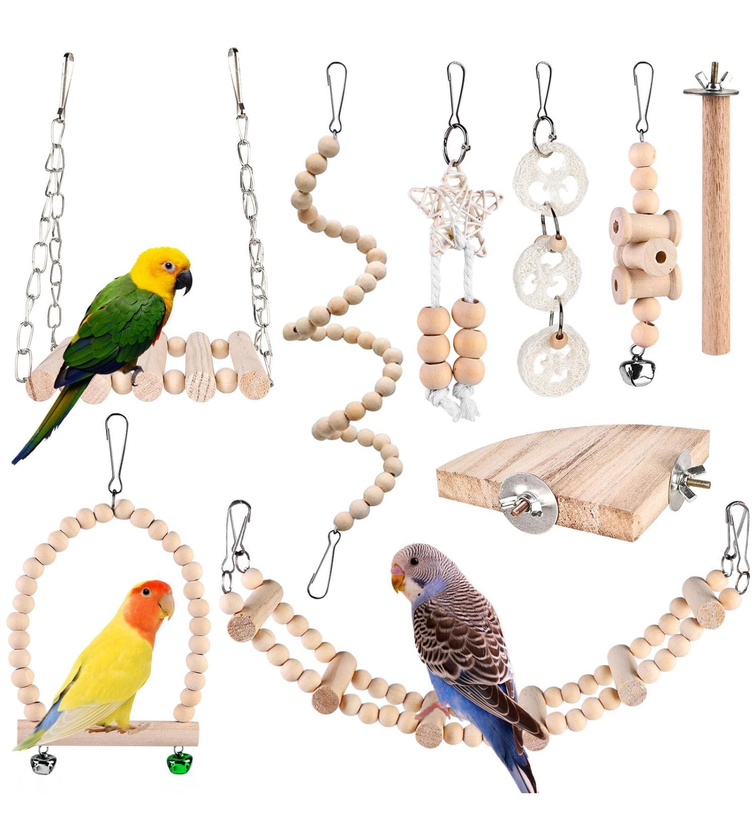 9-Piece Bird Toys Set | Parrot & Budgie Accessories | Cage Rocking Toys & Wooden Platforms for Finches & Lovebirds - Buy Online on SooperMarket.com