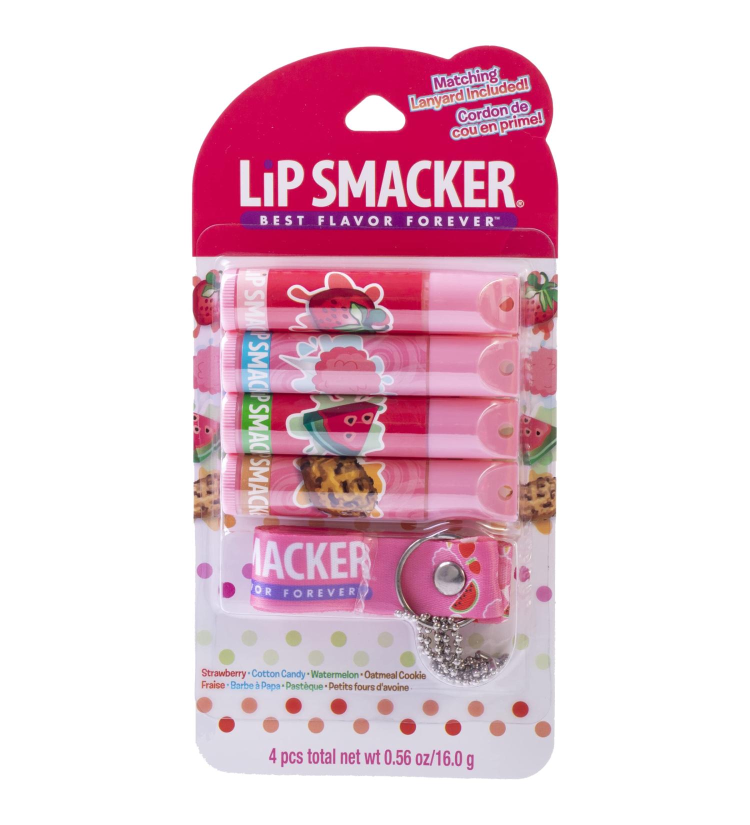 Lip Smacker Flavored Lip Balm & Pink Lanyard Set - Strawberry, Cotton Candy, Watermelon, Oatmeal Cookie - Kids Stocking Stuffer & Christmas Gift - Set of 4 - Buy Online on SooperMarket.com