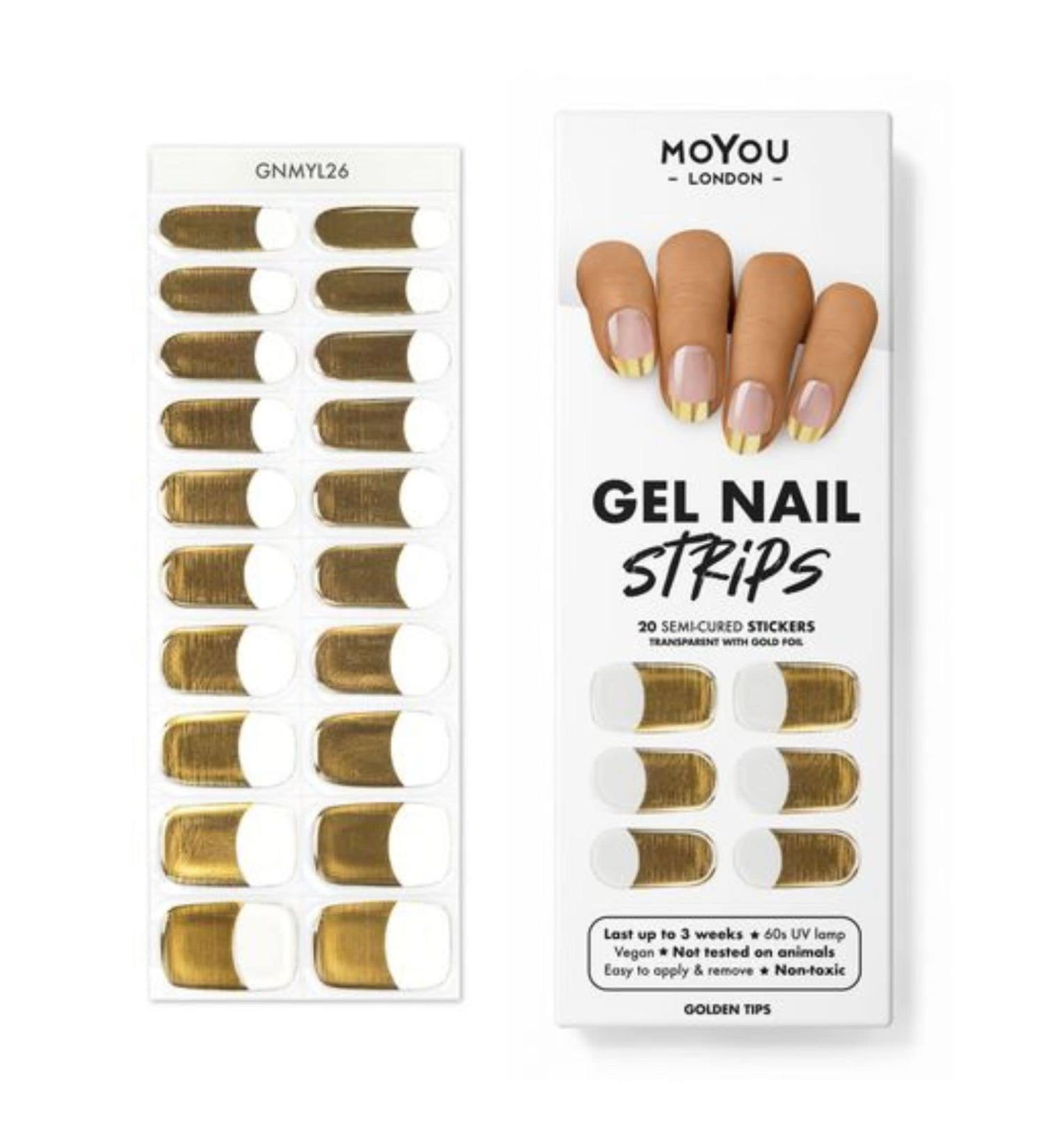 MOYOU LONDON Golden Tips Gel Nail Wraps 20 Pcs Salon-Quality Manicure Set - Includes Nail File & Cuticle Stick (UV/LED Lamp Required) - Buy Online on SooperMarket.com