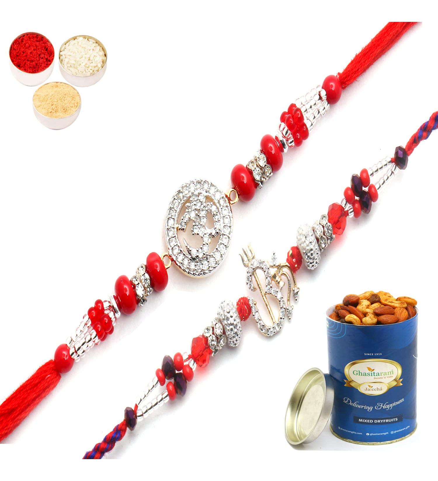 Ghasitaram Gifts Rakhi for Brother Rakhis Online - Set of 2 Chants of Om and Blessings of The Highest Aura Premium Rakhis with 100 GMS of Dryfruits Mix Can - Buy Online on SooperMarket.com