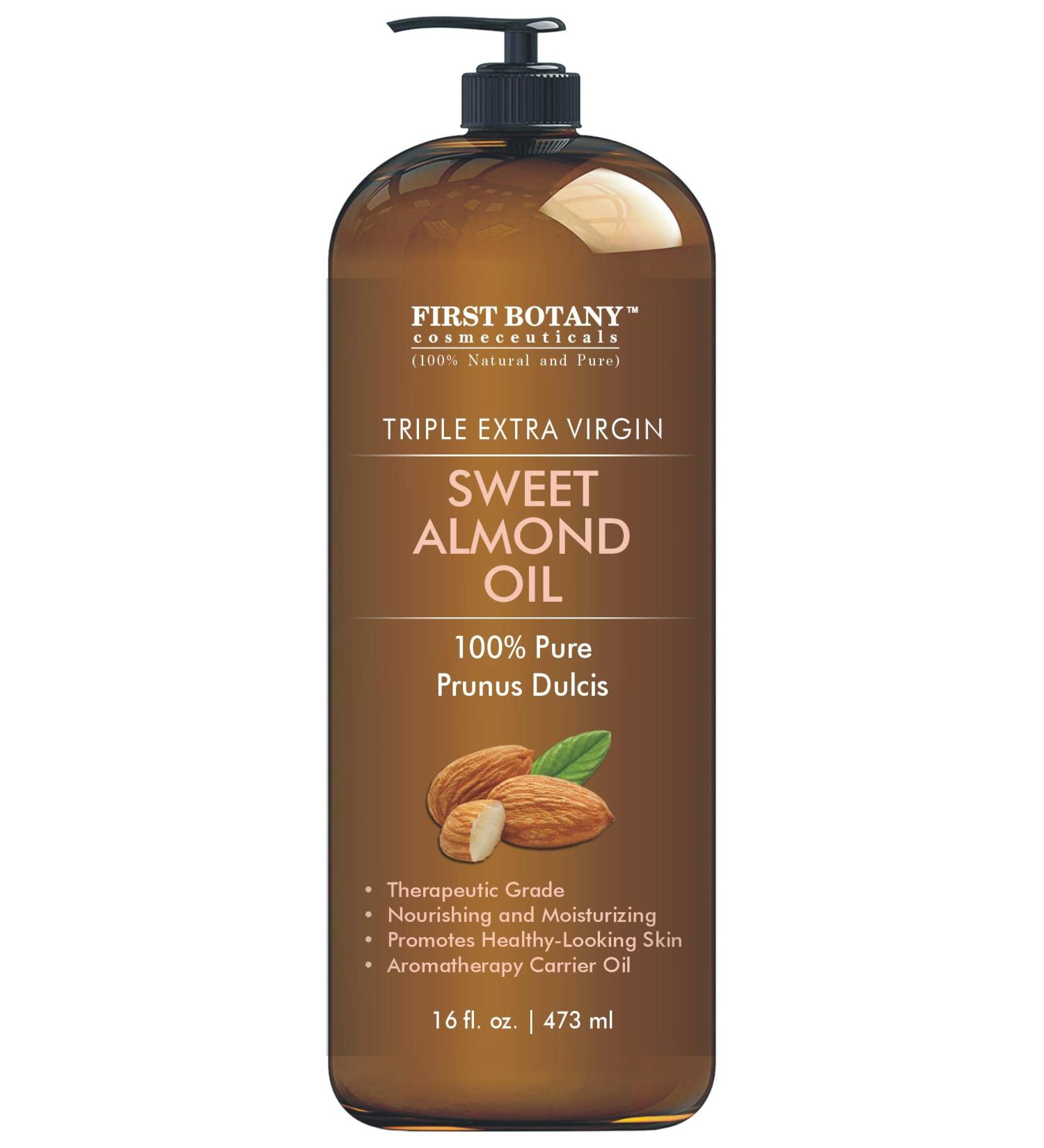 Triple AAA+ Grade Cold Pressed Sweet Almond Oil - 100% Pure & Natural - For Hair, Skin, Face - 16 fl oz with Pump Dispenser - Buy Online on SooperMarket.com