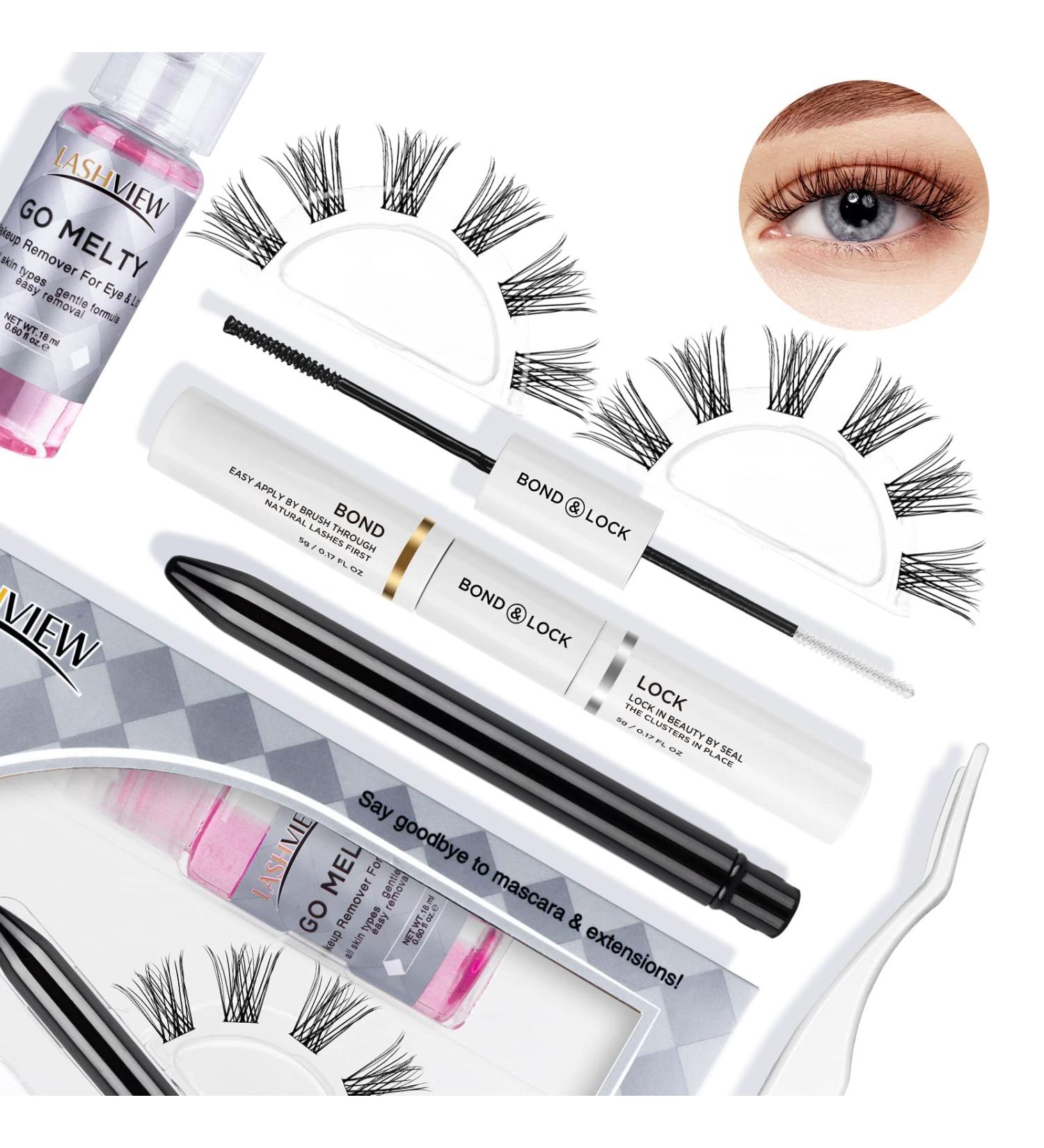 LASHVIEW DIY Eyelash Extension Kit 12 Clusters Volume Lashes Set | 3D Effect C Curl Lashes Pack 14mm | Includes Applicator, Bond & Seal, Remover | Eye Lifting Glamour - Buy Online on SooperMarket.com