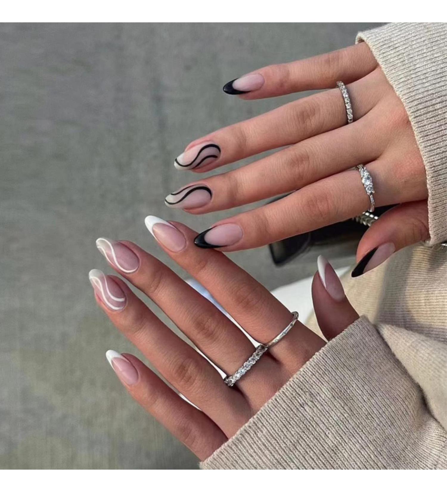 Justotry 24 Pcs Black and White Swirl Almond False Nails - Trendy French Press Design | Nail Glue Included - Oval Medium Stick on Nails for Women - Buy Online on SooperMarket.com