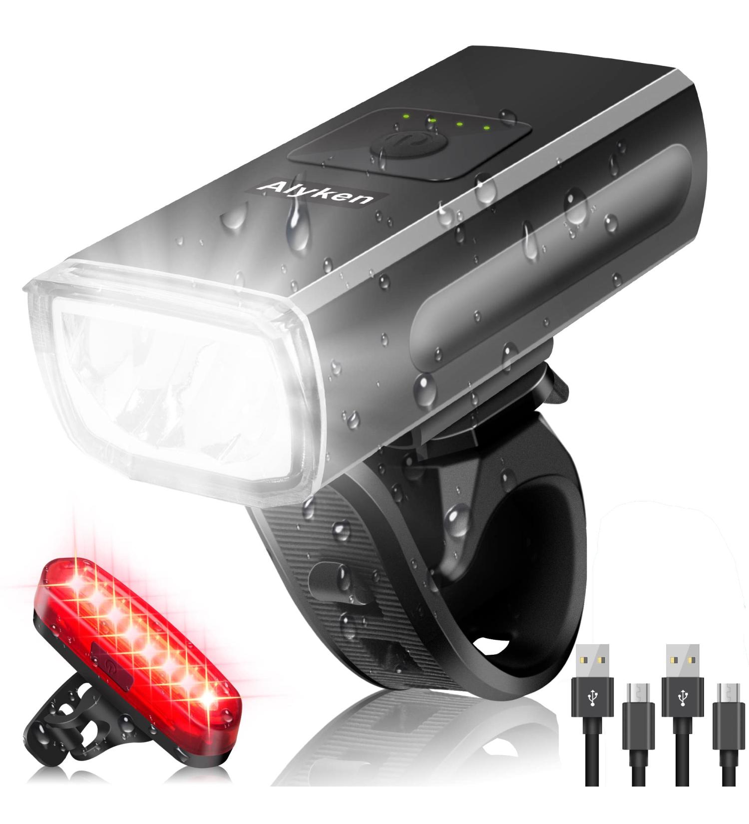 Alyken Bike Lights Set - Super Bright USB Rechargeable 1200 Lumen Front Headlight and Rear Taillight for Night Riding Safety - Buy Online on SooperMarket.com