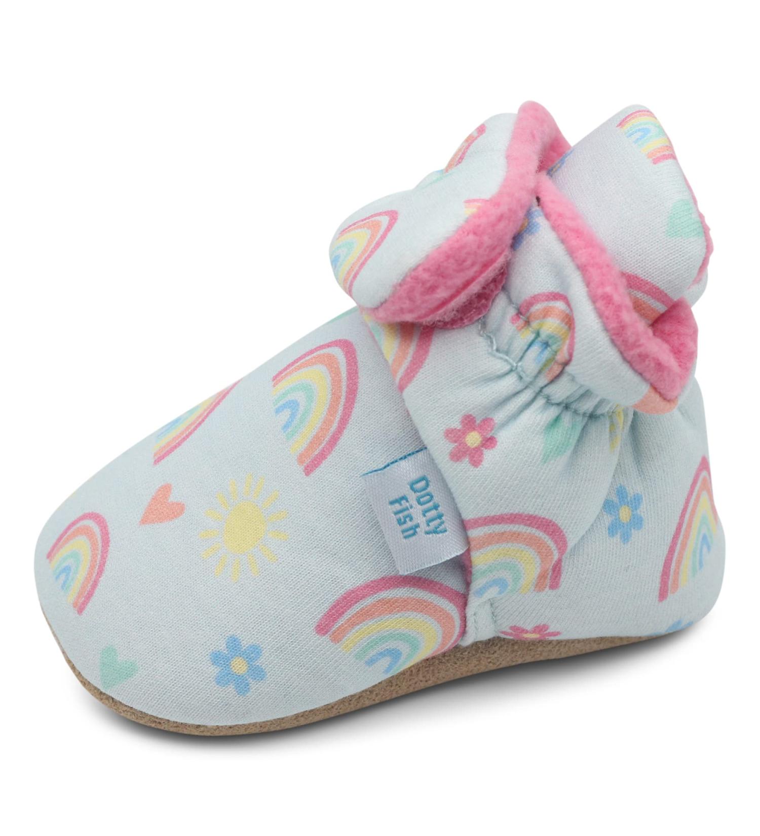 Dotty Fish Cotton Baby Booties with Non-Slip Suede Sole, Warm Fleece Lining - 6-12 Months Blue With Rainbows and Hearts - Buy Online on SooperMarket.com