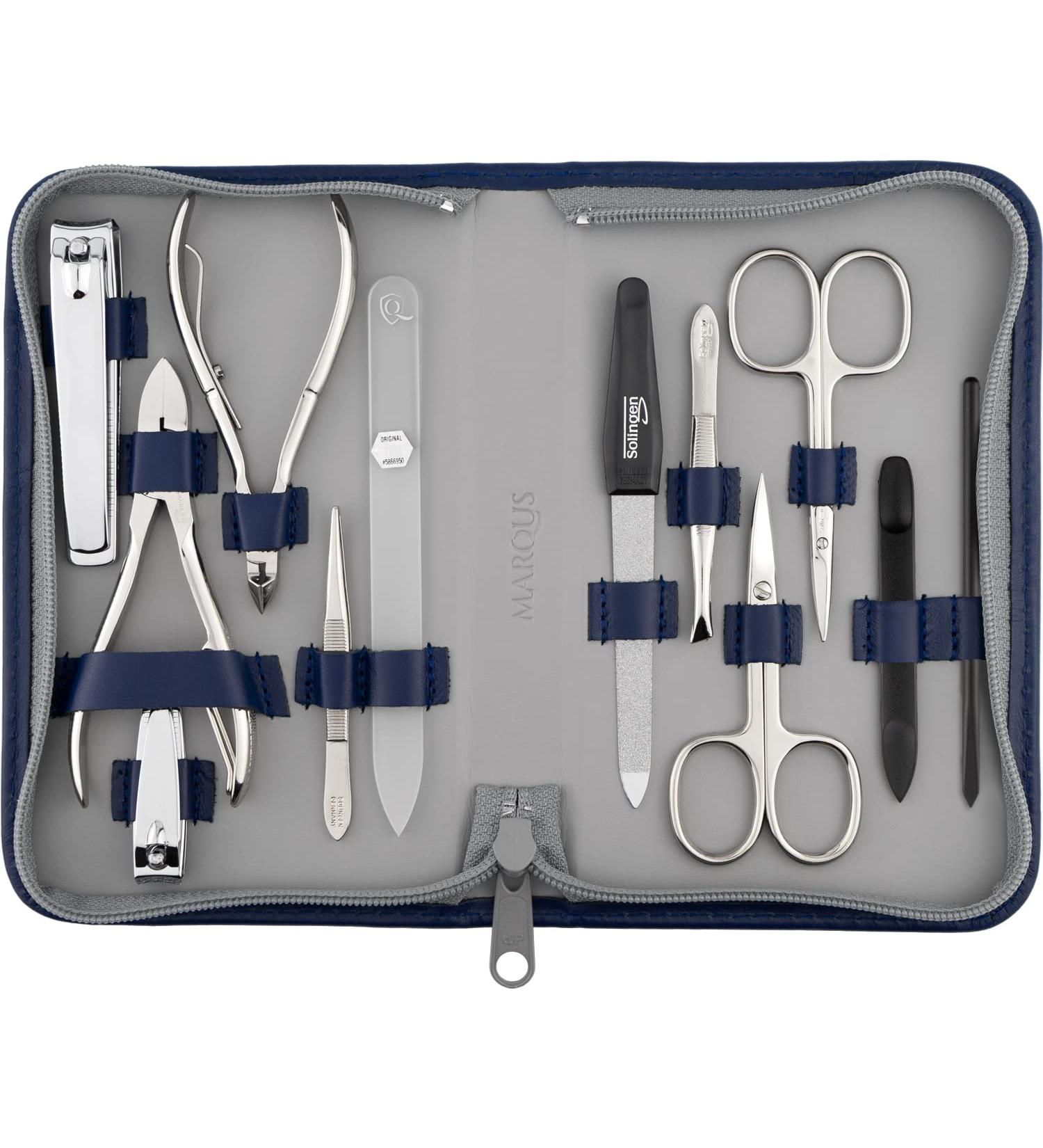 Marqus Solingen Manicure Set - Complete 12-Piece Pedicure & Hand Care Set in Real Leather Etui - Soft & Handy - Stylish Blue Color - Buy Online on SooperMarket.com