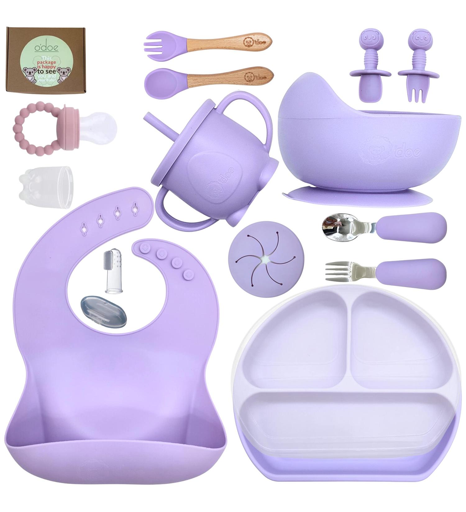 O'doe Baby Feeding Set (17 Pcs) | Baby Led Weaning Supplies for Toddlers - Suction Bowl, Self-Feeding Utensils, Fruit Feeder, Bibs, Food Plate Kit - Purple V2 - Buy Online on SooperMarket.com