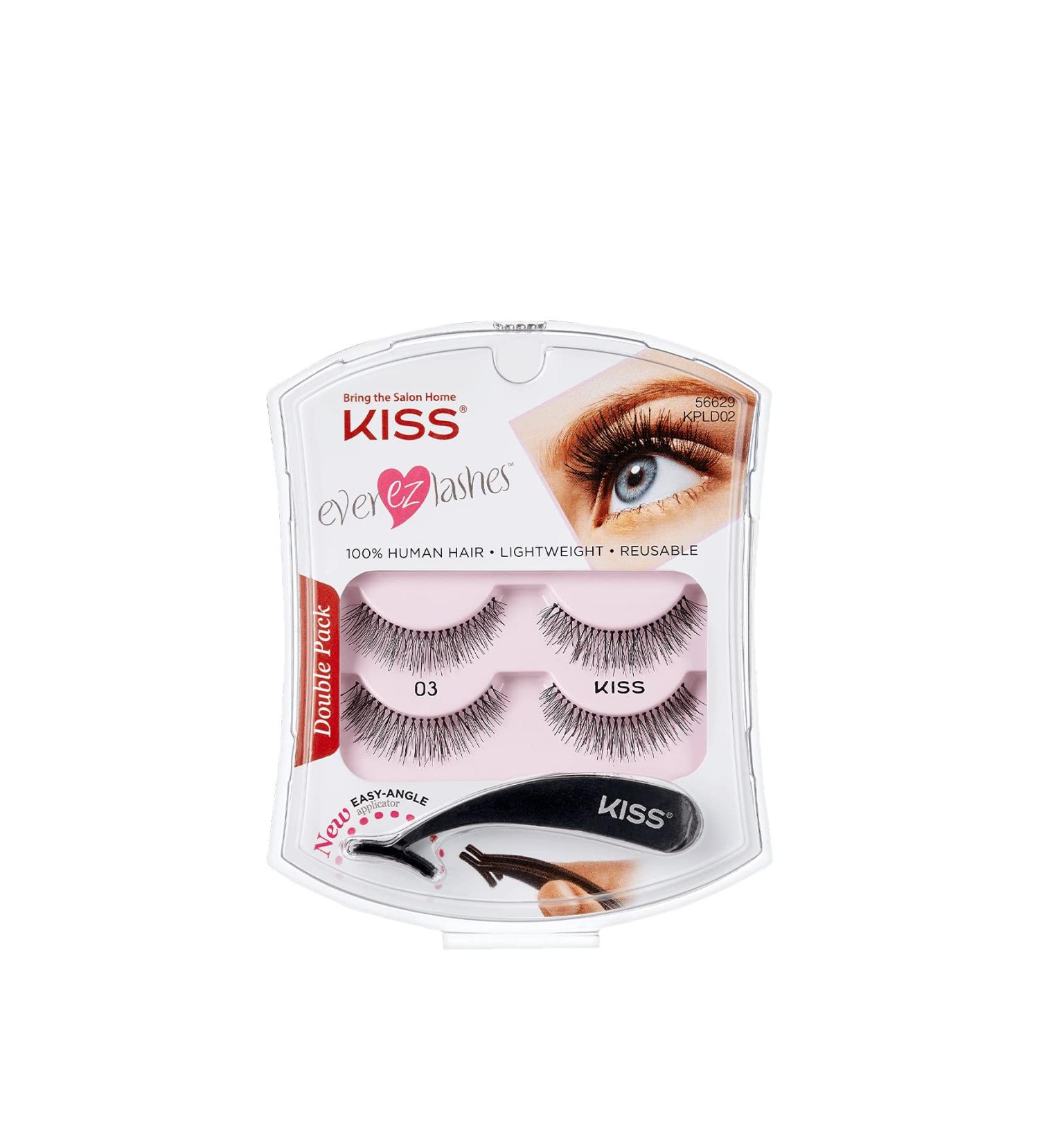 KISS Ever EZ Lashes Double Pack No. 03 | Reusable Natural Eyelash Starter Kit with Easy-Angle Applicator | 2 Pairs of Human Hair False Eyelashes in Black - Shop Now Worldwide - Buy Online on SooperMarket.com