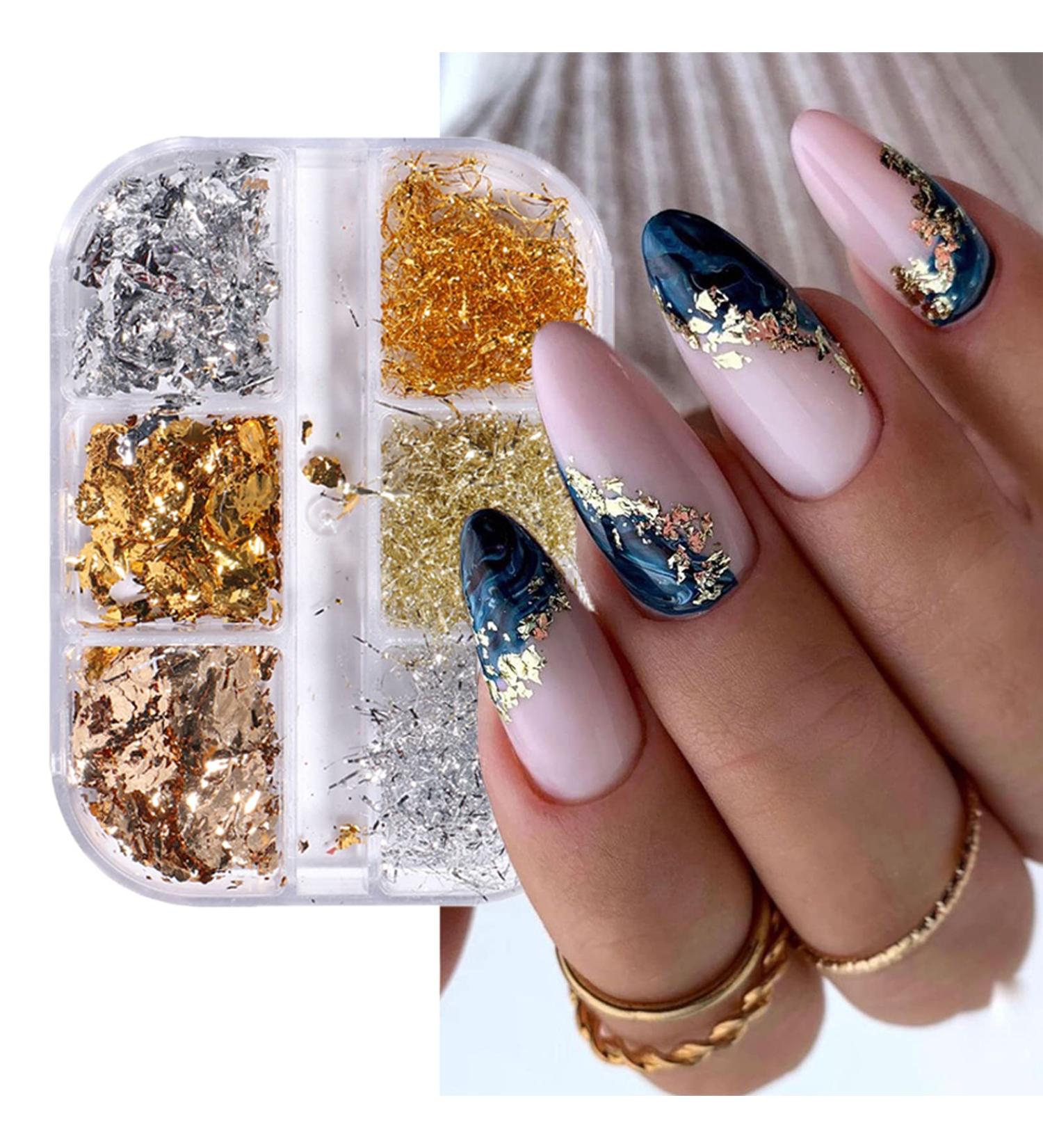 Eseres 3D Sparking Gold Flakes Nail Foil - 6 Grids Metallic Glitter for Nail Art Design in Gold & Silver - Buy Online on SooperMarket.com