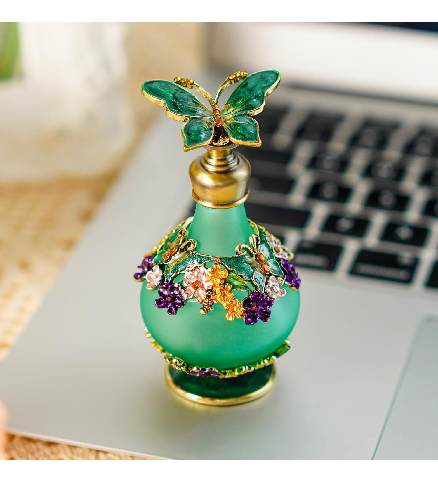 Yu Feng Vintage Crystal Perfume Bottles | Refillable Glass Butterfly & Flower D cor | Ideal for Essential Oils Green - Buy Online on SooperMarket.com
