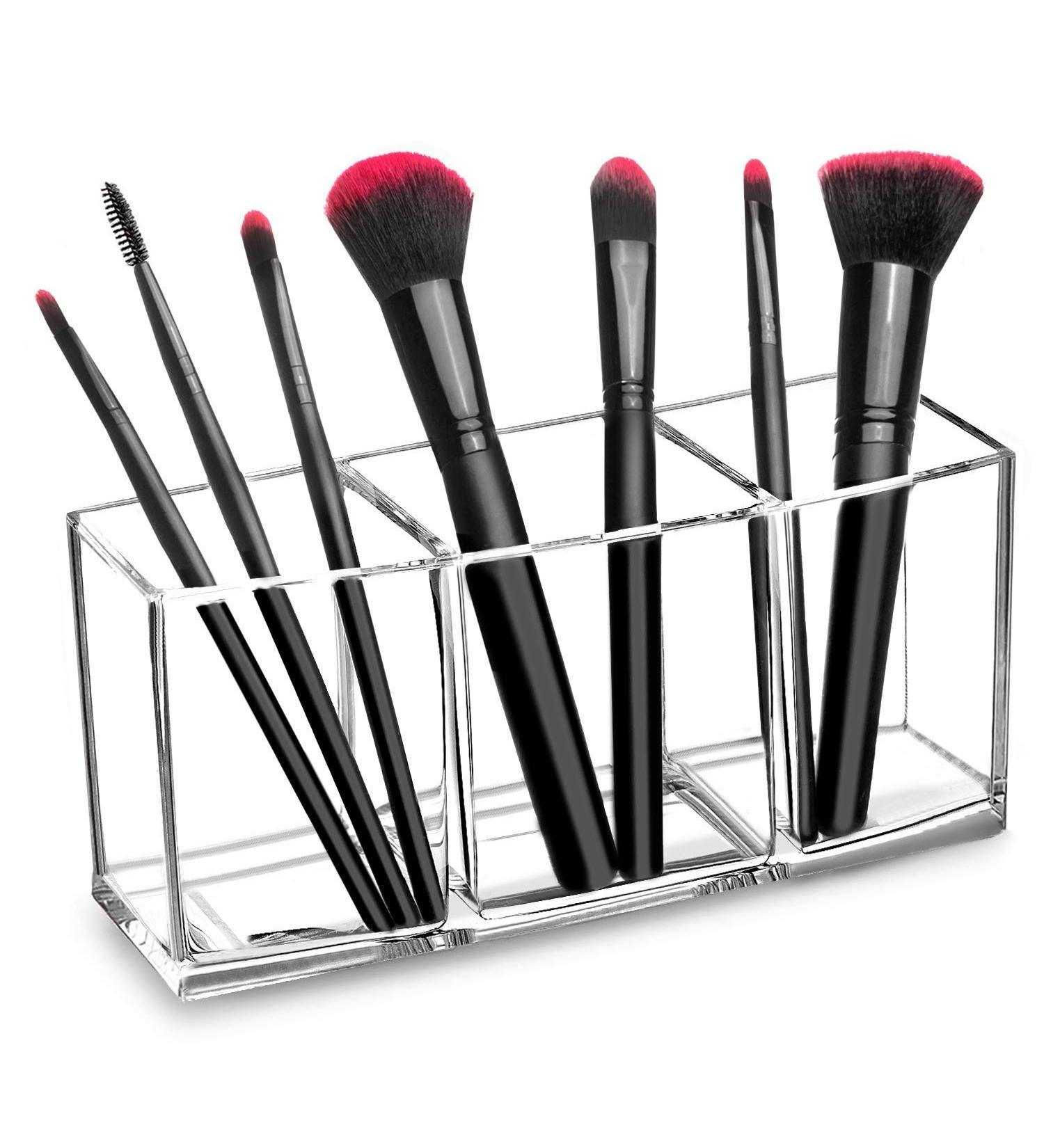 HBlife Clear Acrylic Makeup Brush Holder Organizer - 3 Slot Cosmetic Brushes Storage and Eyeliners Display Case for Vanity - Buy Online on SooperMarket.com