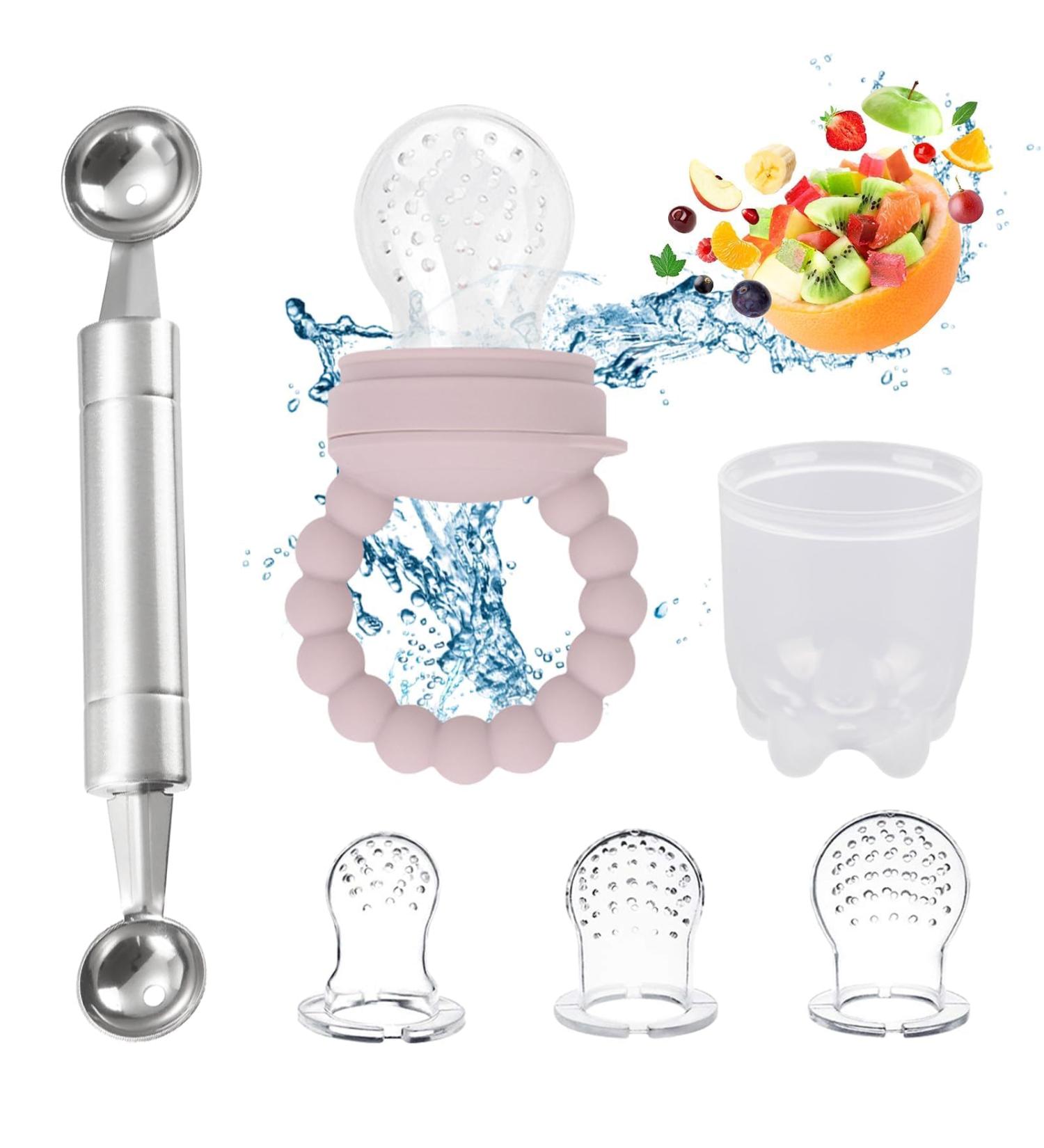 Baby Fruit Teat Baby Food Accessories Teething Aid Baby Fruit Teat Baby from 6 Months Teat in 3 SISE TEEething Ring for Fruit Vegetable Porridge Complementary Food with Fruit Spoon (Pink)