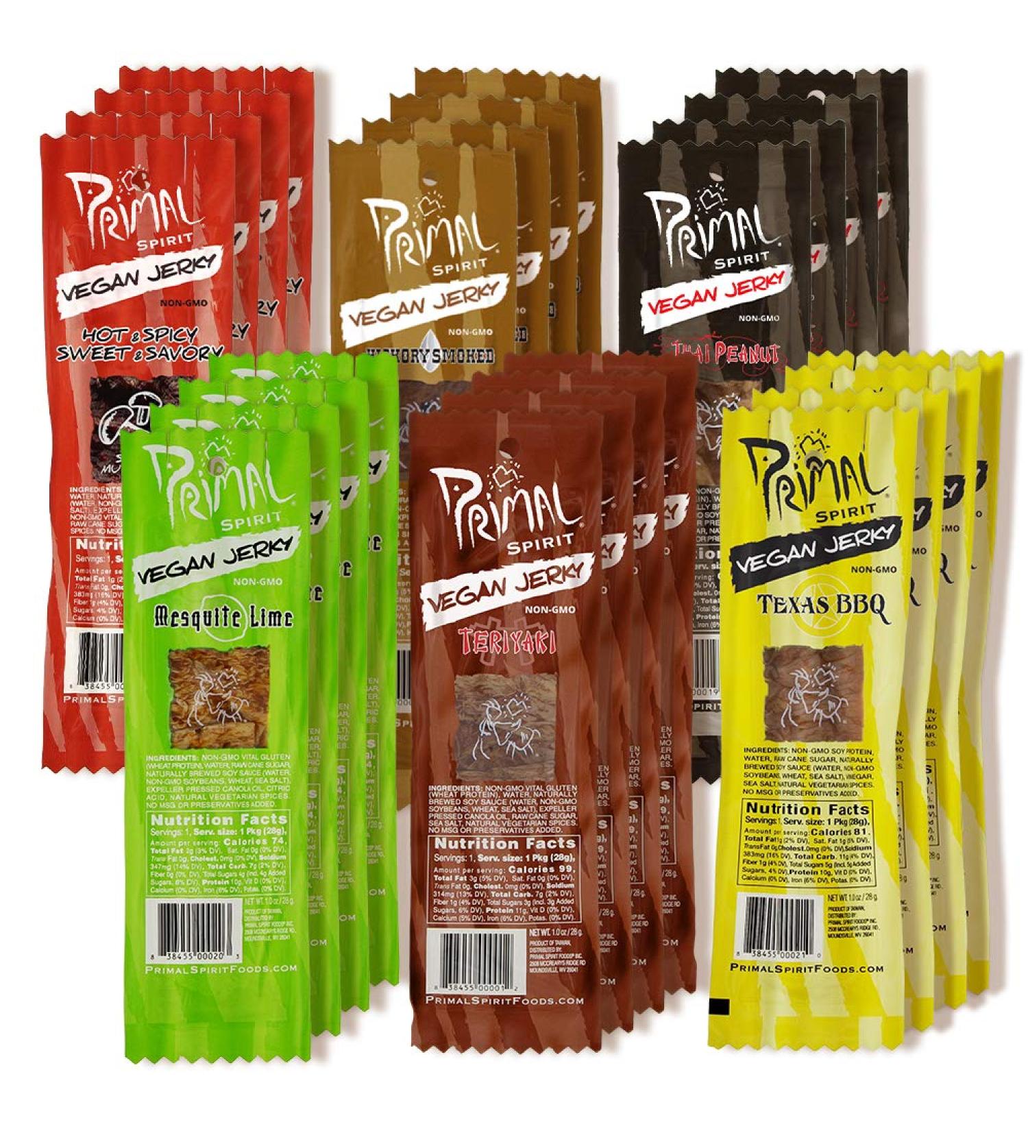 Primal Spirit Vegan Jerky Sampler Pack - Plant Based Protein - Non-GMO - 24-Pack 1 oz - Thai Peanut, Mesquite Lime, Teriyaki, Hot & Spicy, Hickory Smoked, Texas BBQ - Buy Online on SooperMarket.com