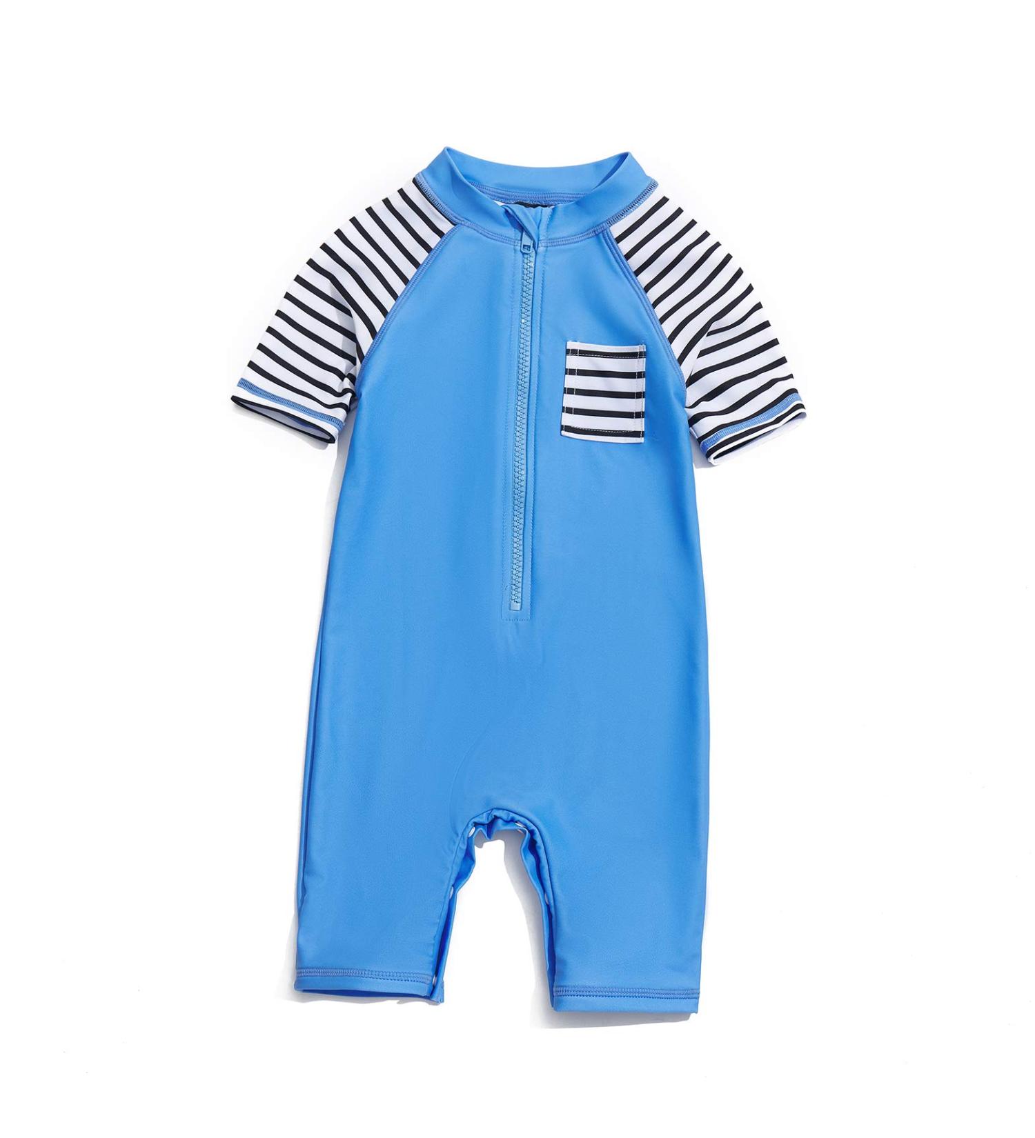 BONVERANO Baby Boys Swimsuit | Short-Sleeve Zipper One Piece with UPF 50+ Sun Protection | 9-12 Months Blue Pocket - Buy Online on SooperMarket.com