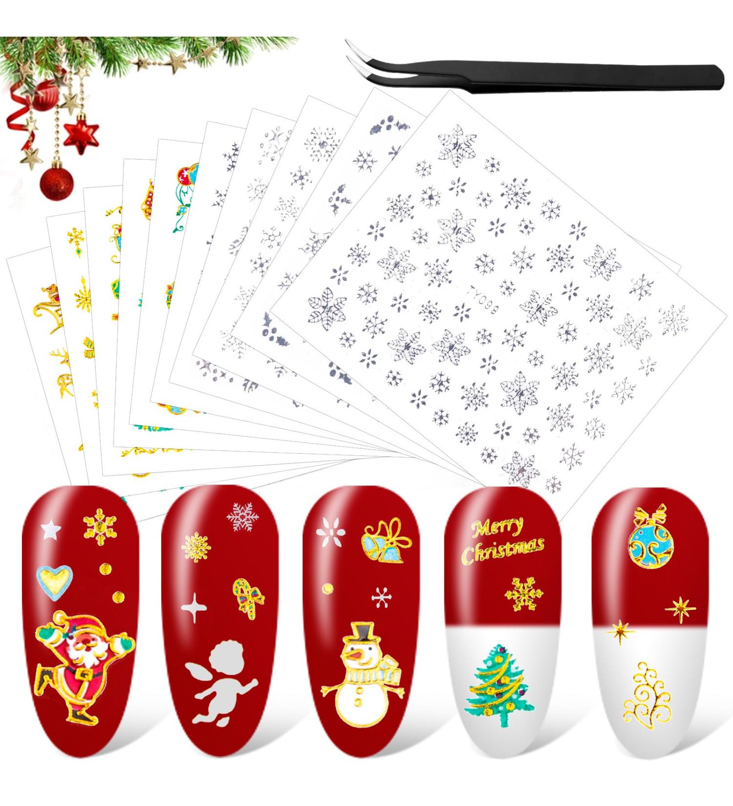 24 Sheets Christmas Nail Art Stickers - Self-Adhesive 3D Snowflake & Santa Gel Decals with Tweezers - Perfect for Christmas Parties - Gold - Buy Online on SooperMarket.com