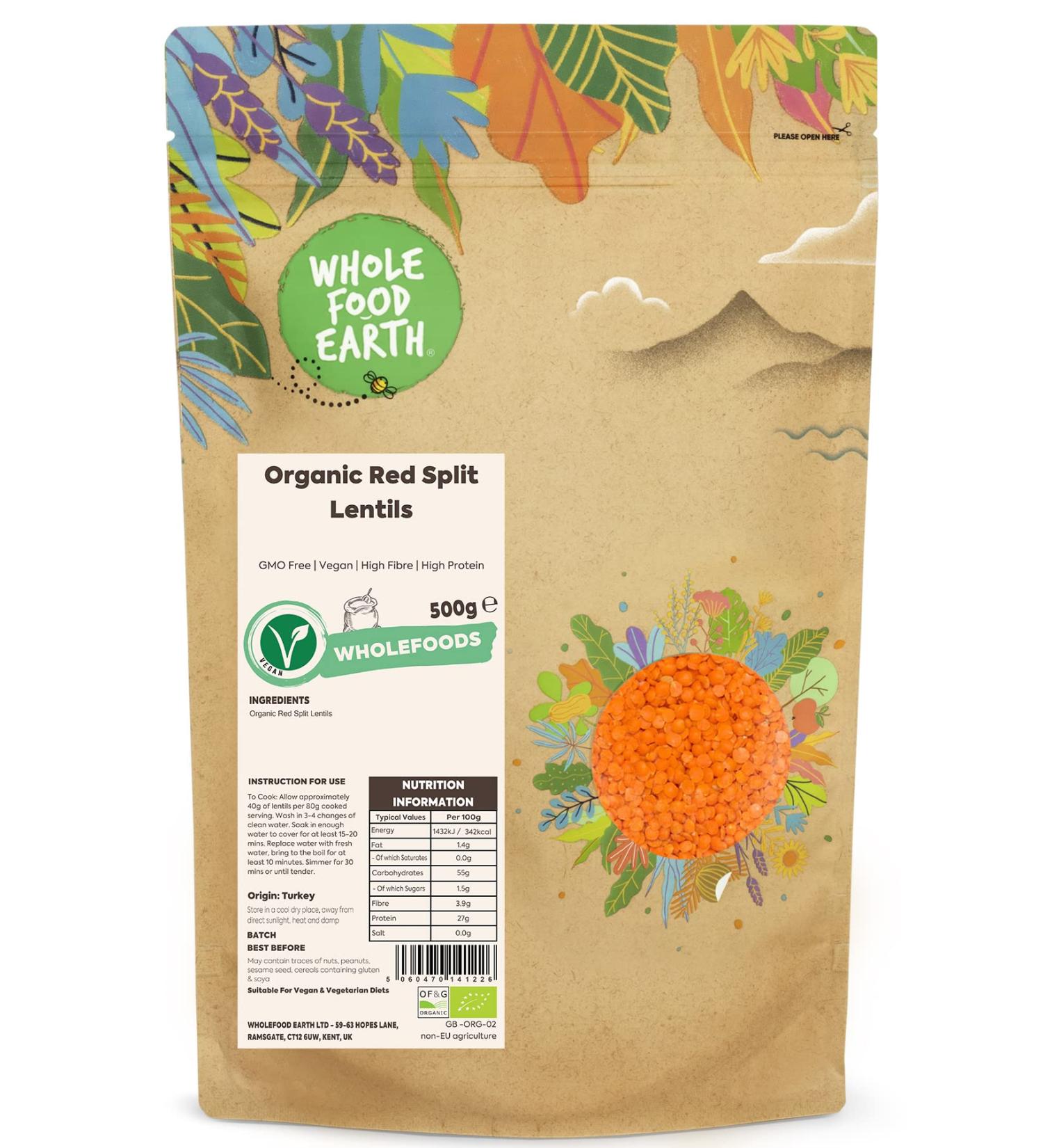 Wholefood Earth Organic Red Split Lentils 500g - GMO Free, Vegan, High Fiber, High Protein - Certified Organic - Buy Online on SooperMarket.com