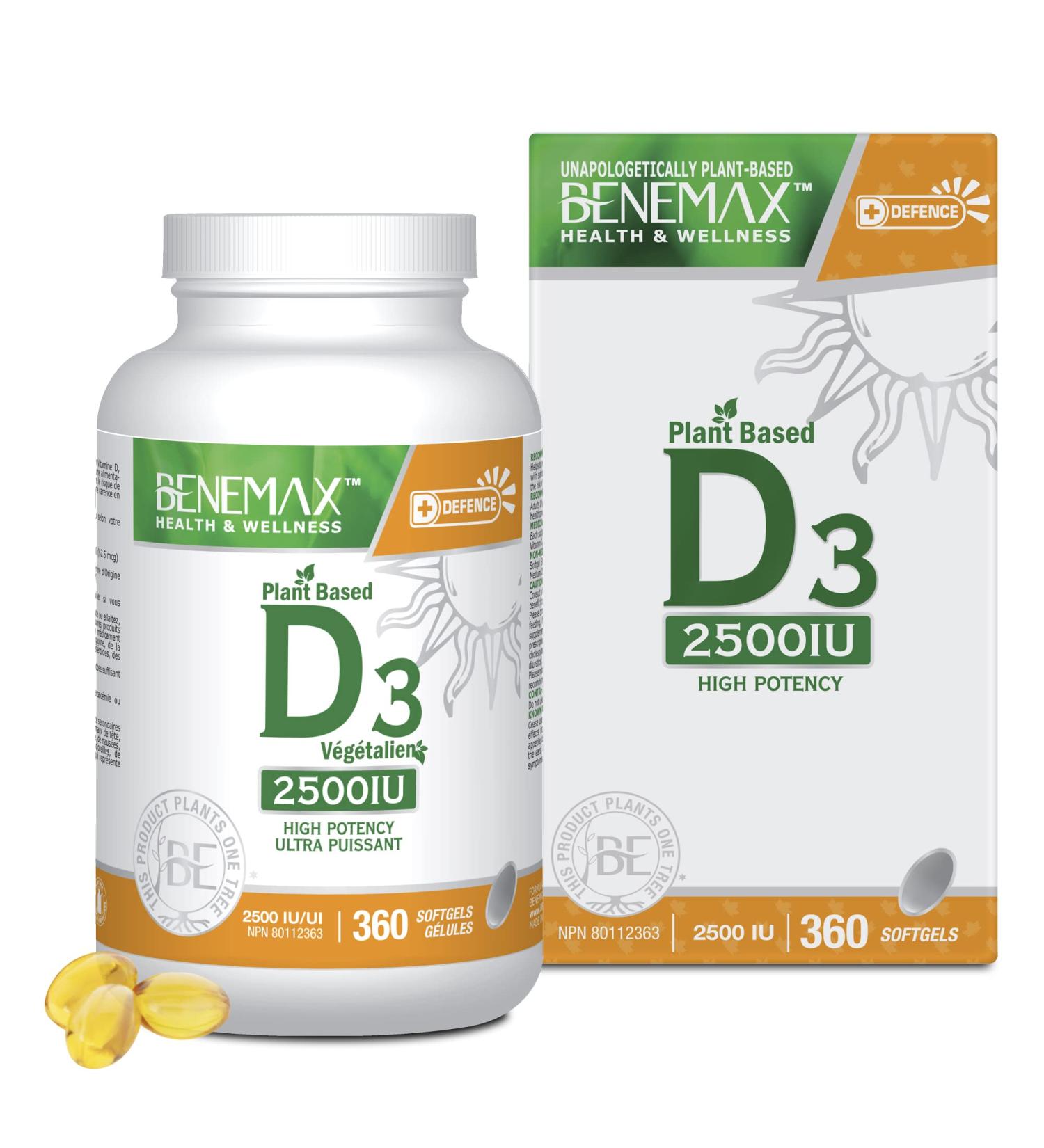 Benemax Vitamin D3 2500 IU For Healthy Bones Teeth and Helps Prevent Vitamin D Deficiency Plant Based & Vegan 360 Day Supply - Buy Online on SooperMarket.com