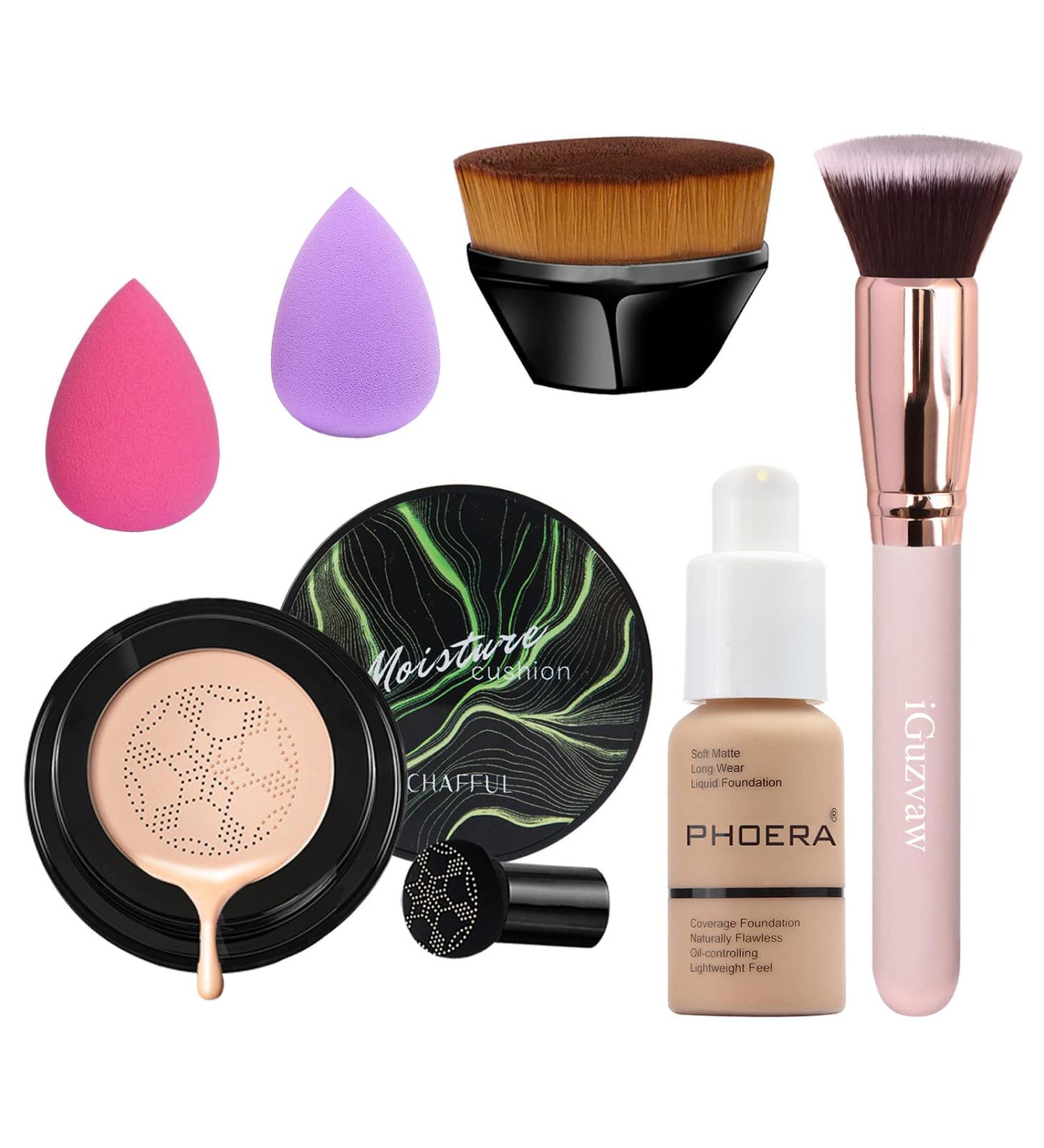 Mushroom Head Air Cushion CC Cream Foundation Set - Full Coverage, Matte Finish, Waterproof | Includes Makeup Brush & Sponge - 104 Buff Beige + Natural CC - Buy Online on SooperMarket.com